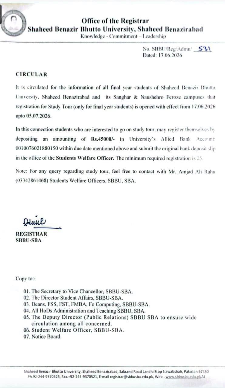 SBBU Nawabshah Announces Study Tour Registration for Final Year Students 2026 SBBU Nawabshah Announces Study Tour Registration for Final Year Students 2026