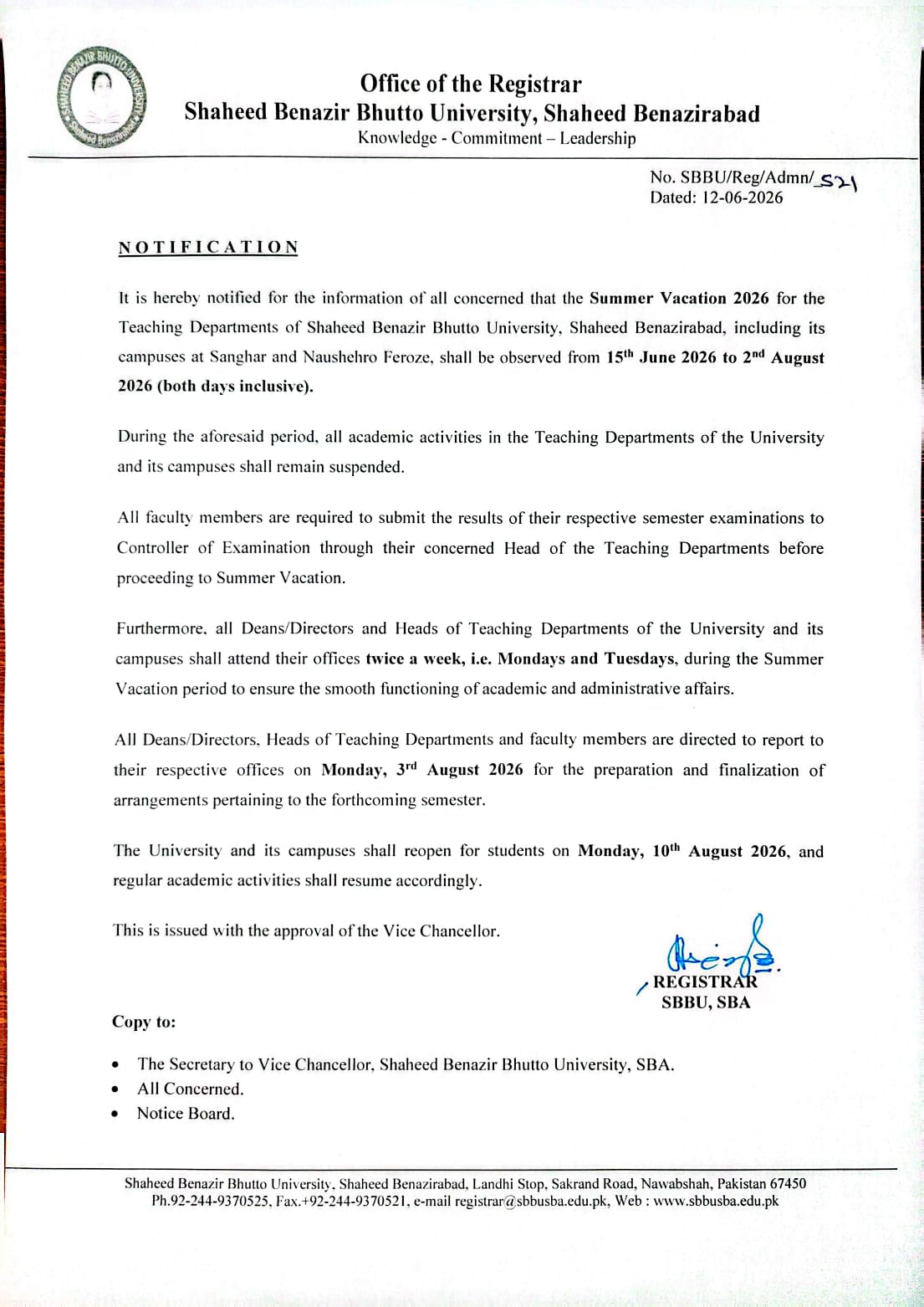 SBBU Nawabshah Issues Summer Vacation Schedule for 2026 Session SBBU Nawabshah Issues Summer Vacation Schedule for 2026 Session