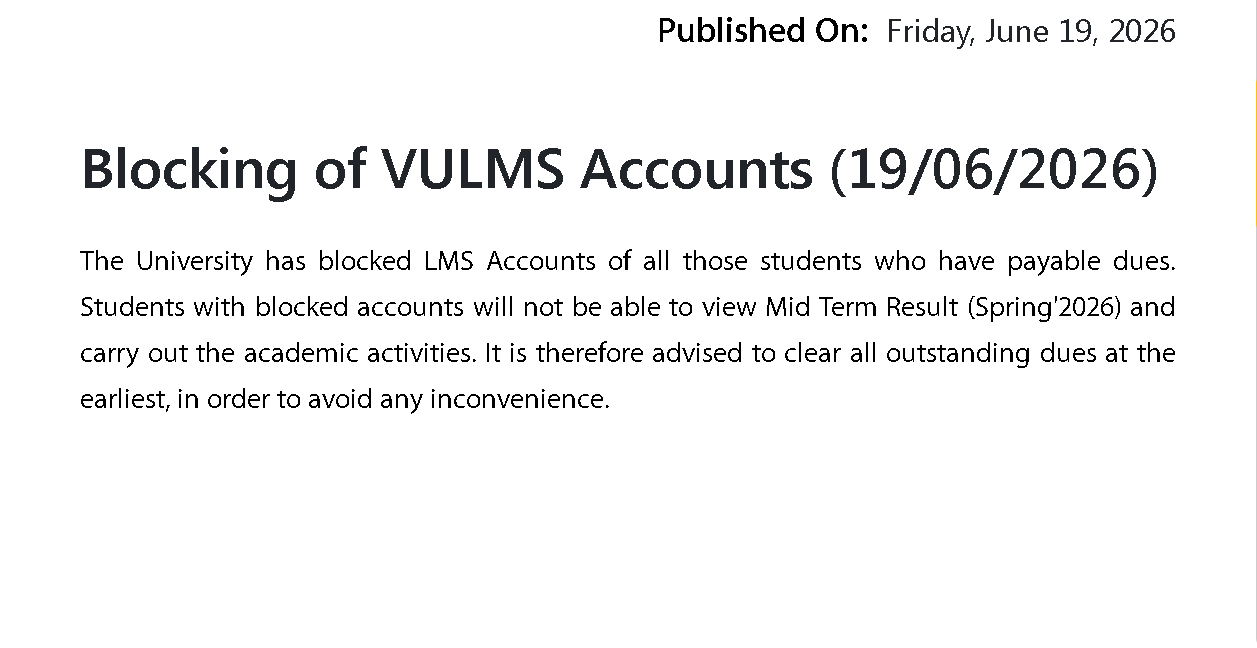 VU VULMS Account Blocking Notice 2026 for Students Issued