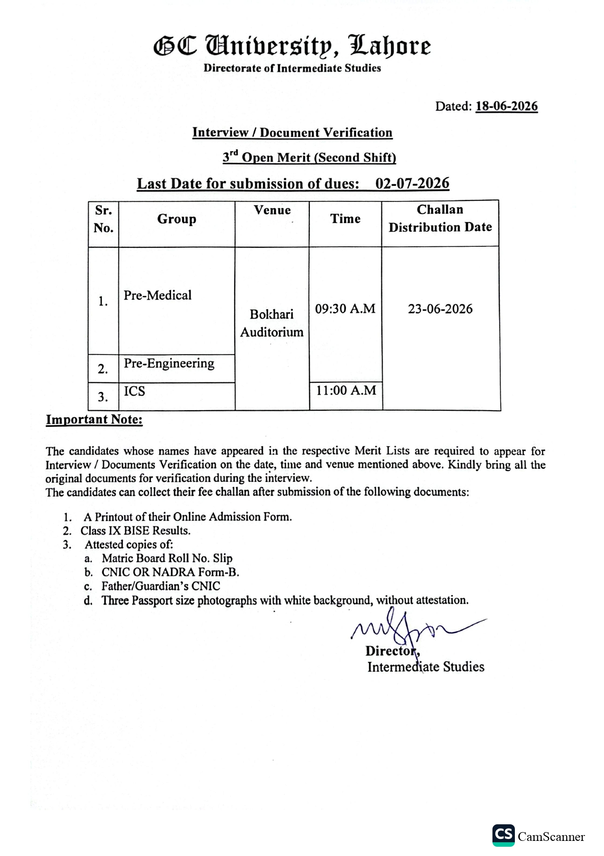 GCU Interview Schedule 2026 for 3rd Open Merit Announced