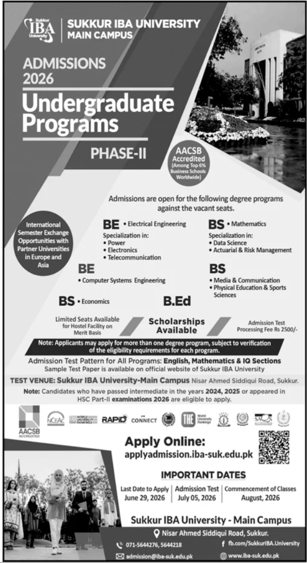 Sukkur IBA University Phase II Admissions 2026 Open Sukkur IBA University Phase II Admissions 2026 Open