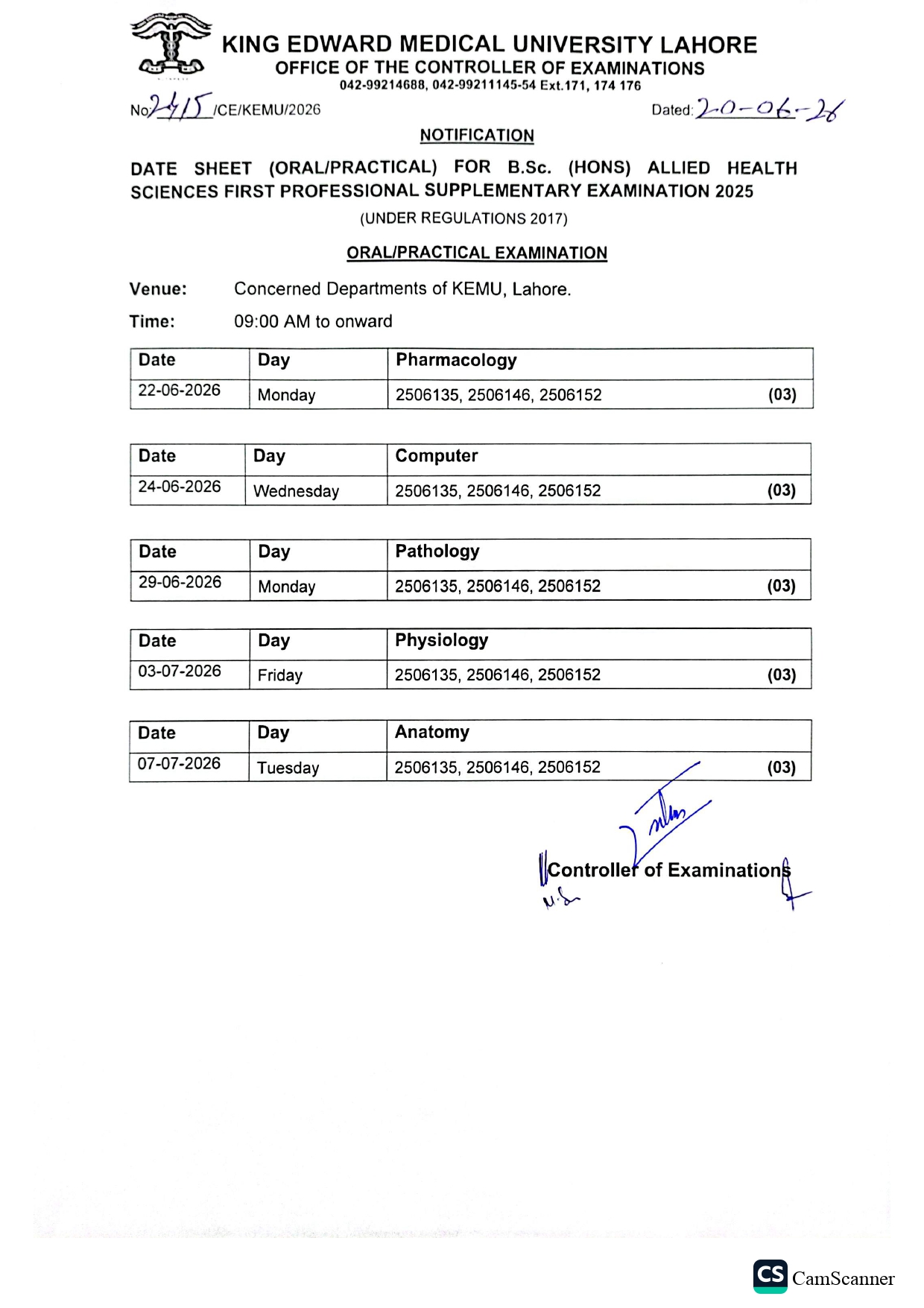 KEMU Announces Oral and Practical Date Sheet 2026 for BSc AHS Students KEMU Announces Oral and Practical Date Sheet 2026 for BSc AHS Students