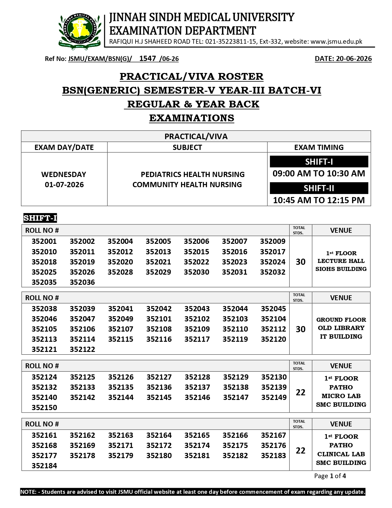 JSMU Announces Practical and Viva Date Sheet 2026 for BSN Generic Students JSMU Announces Practical and Viva Date Sheet 2026 for BSN Generic Students