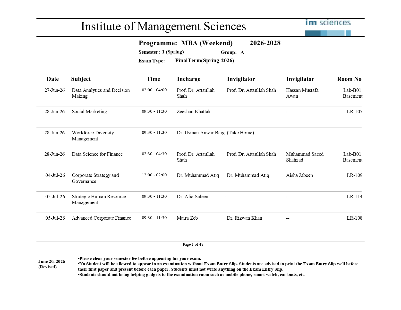 IMS Final Term Examinations Date Sheet 2026 Available IMS Final Term Examinations Date Sheet 2026 Available