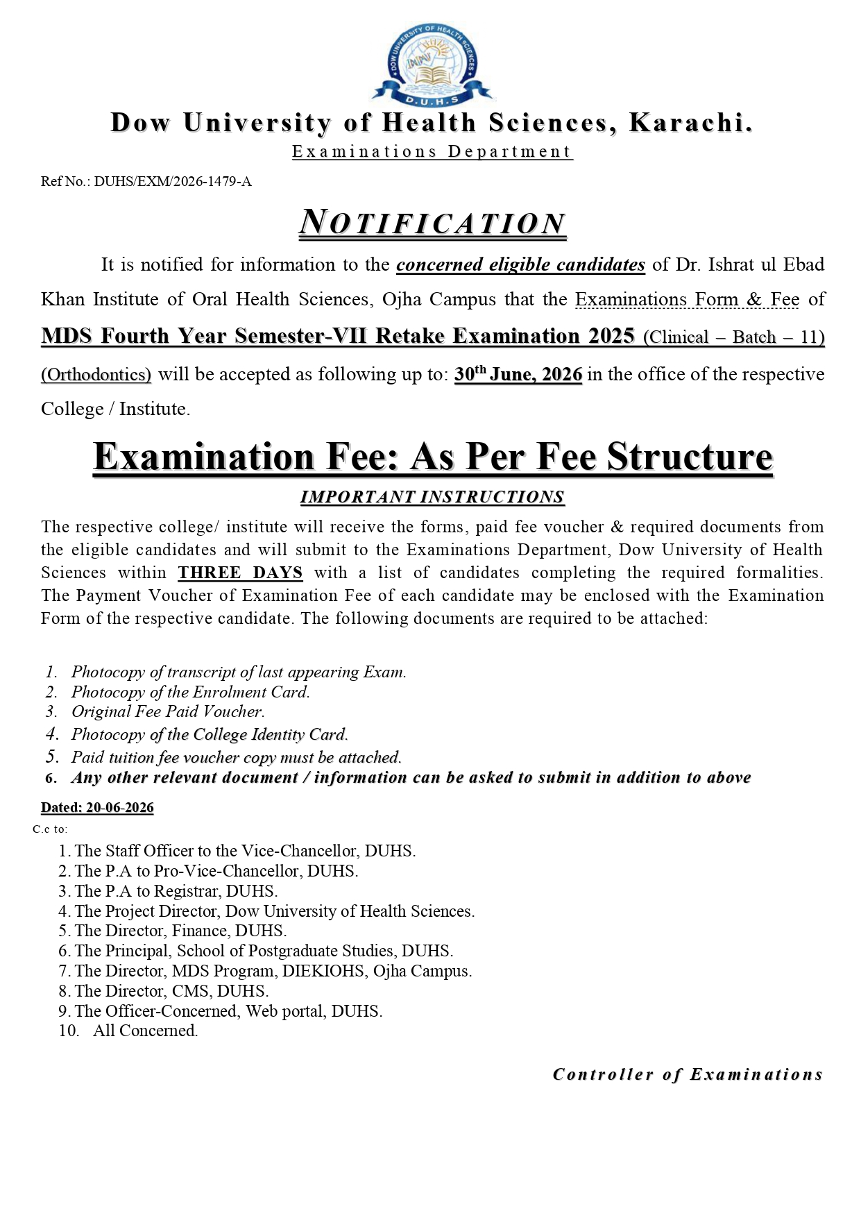 DUHS Issues MDS 4th Year Exam Form & Fee Notice 2026 DUHS Issues MDS 4th Year Exam Form & Fee Notice 2026