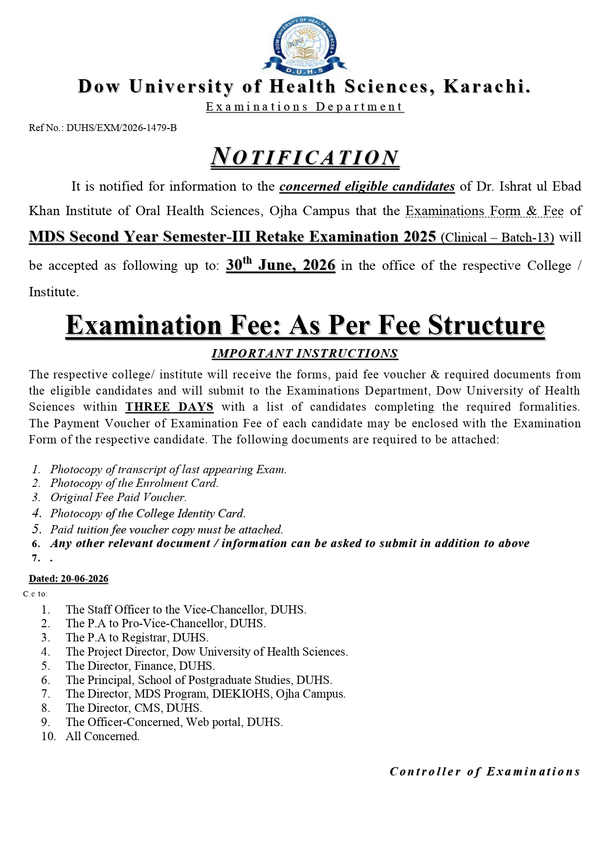 DUHS Releases MDS 2nd Year Sem-III Retake Exam Form & Fee Notice 2026 DUHS Releases MDS 2nd Year Sem-III Retake Exam Form & Fee Notice 2026