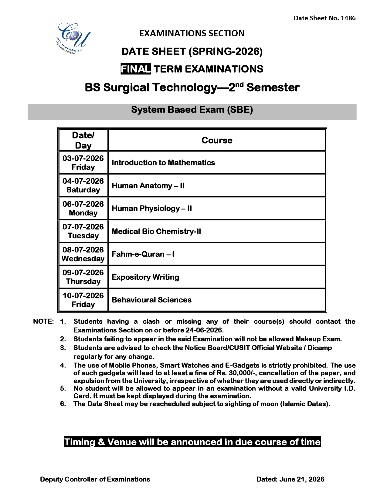 CUSIT Date Sheet 2026 Released for Spring Final Term Exams CUSIT Date Sheet 2026 Released for Spring Final Term Exams