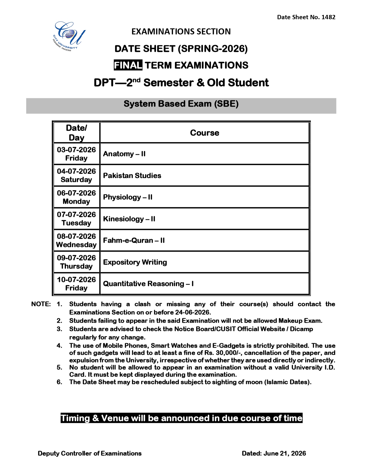 CUSIT Date Sheet 2026 Released for DPT 2nd Semester Final Term Exams CUSIT Date Sheet 2026 Released for DPT 2nd Semester Final Term Exams