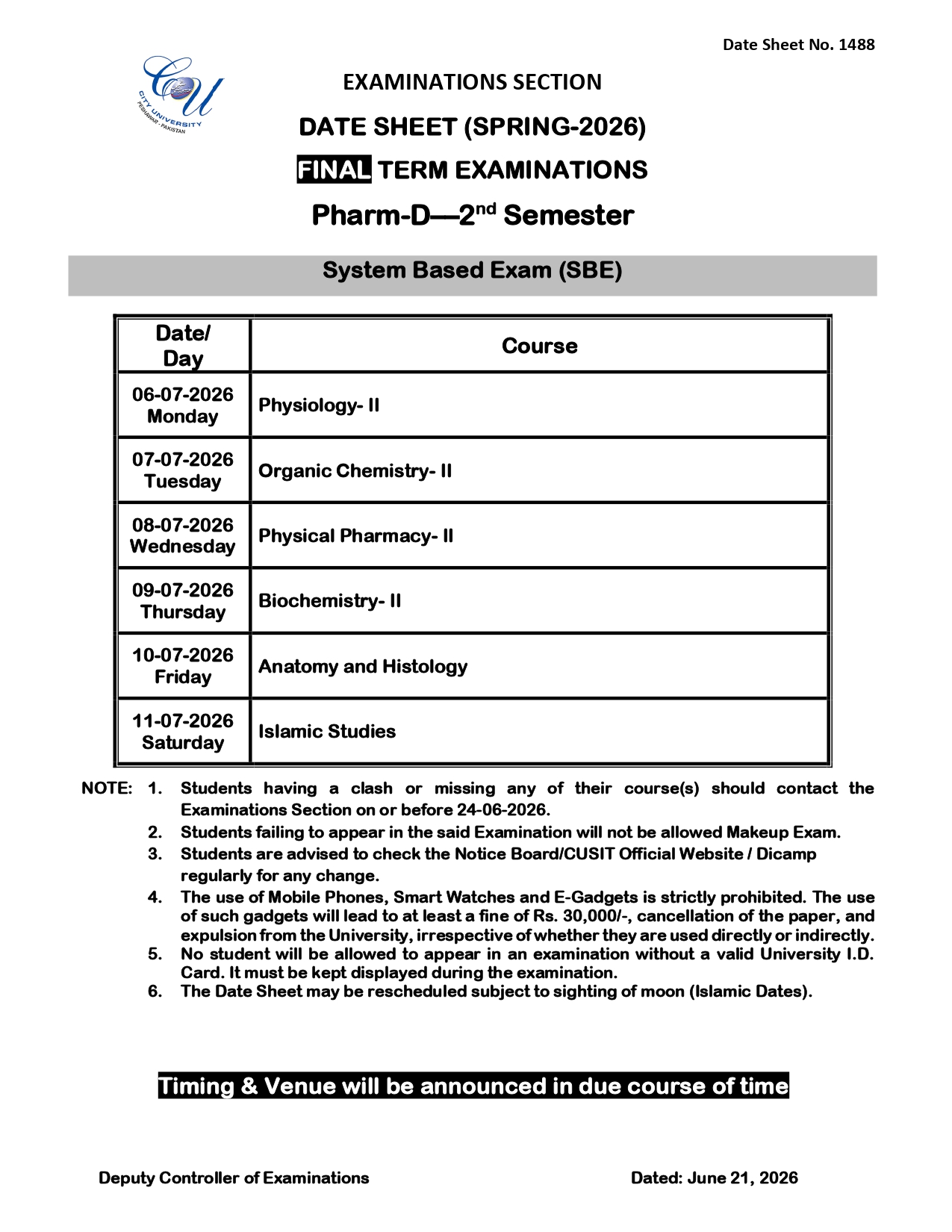 CUSIT PharmD 2nd Sem Final Term Exams Date Sheet 2026 Officially Announced CUSIT PharmD 2nd Sem Final Term Exams Date Sheet 2026 Officially Announced