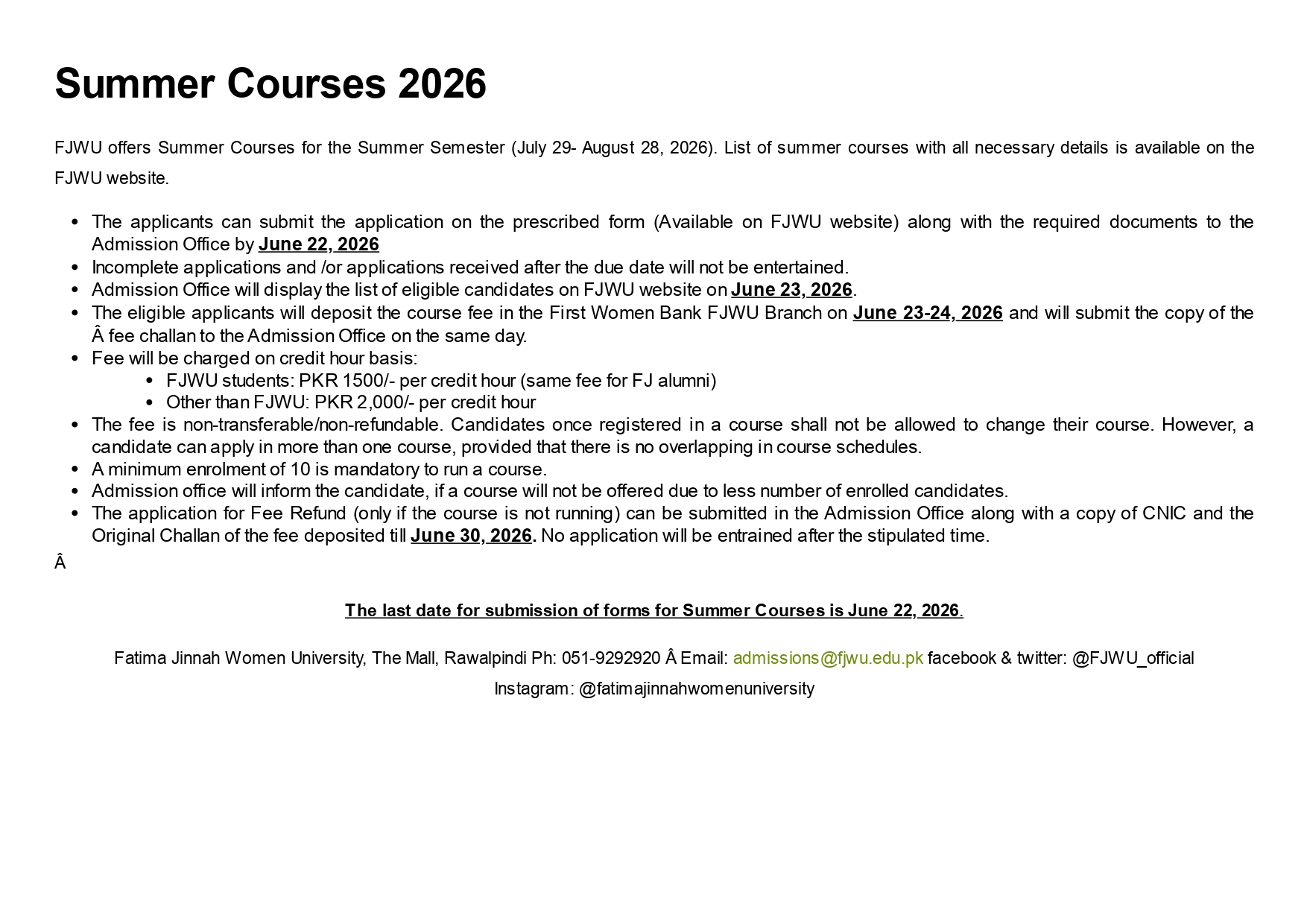 FJWU Summer Semester Courses Notice 2026 Released FJWU Summer Semester Courses Notice 2026 Released
