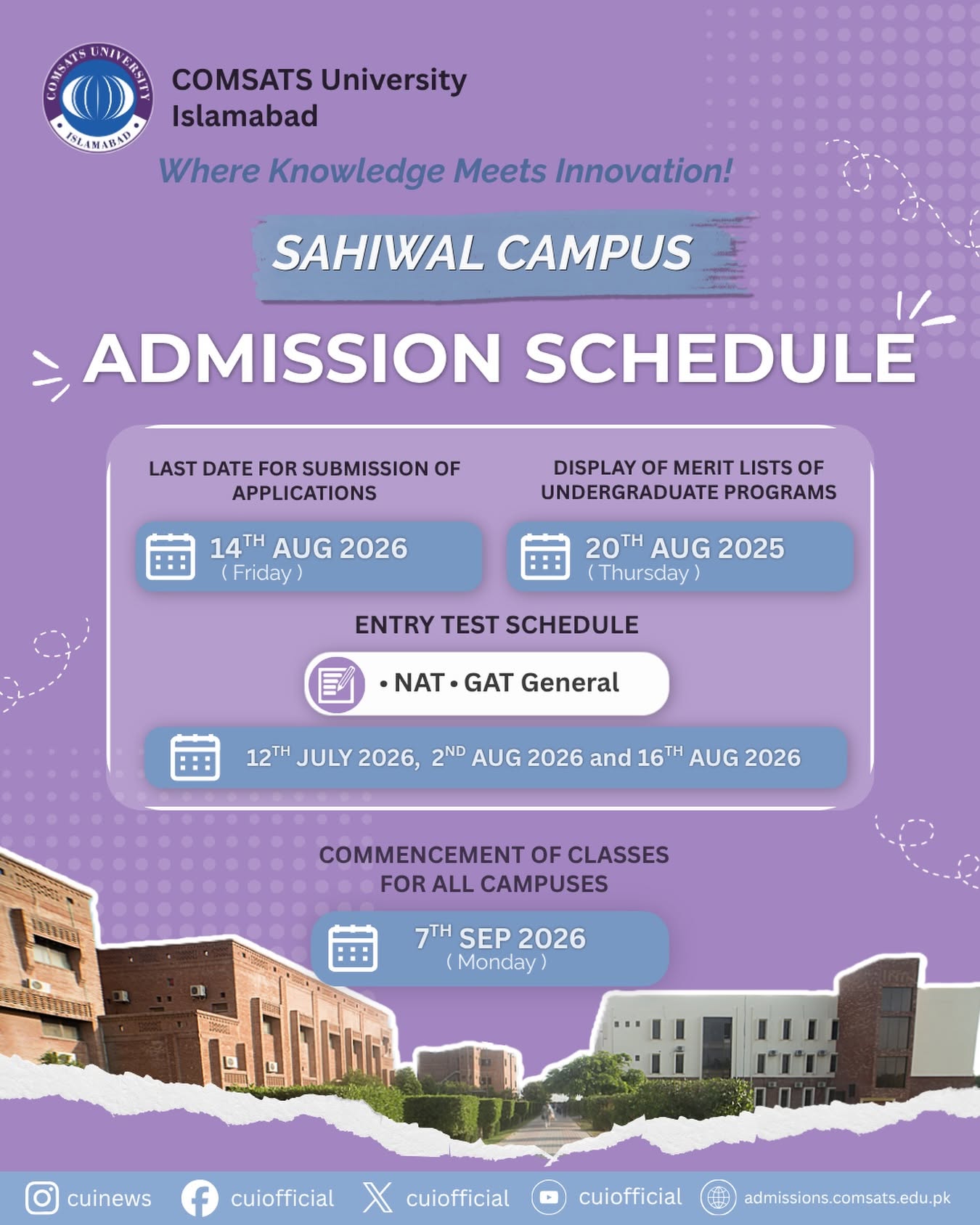 CUI Publishes Admission Schedule 2026 for Sahiwal Campus