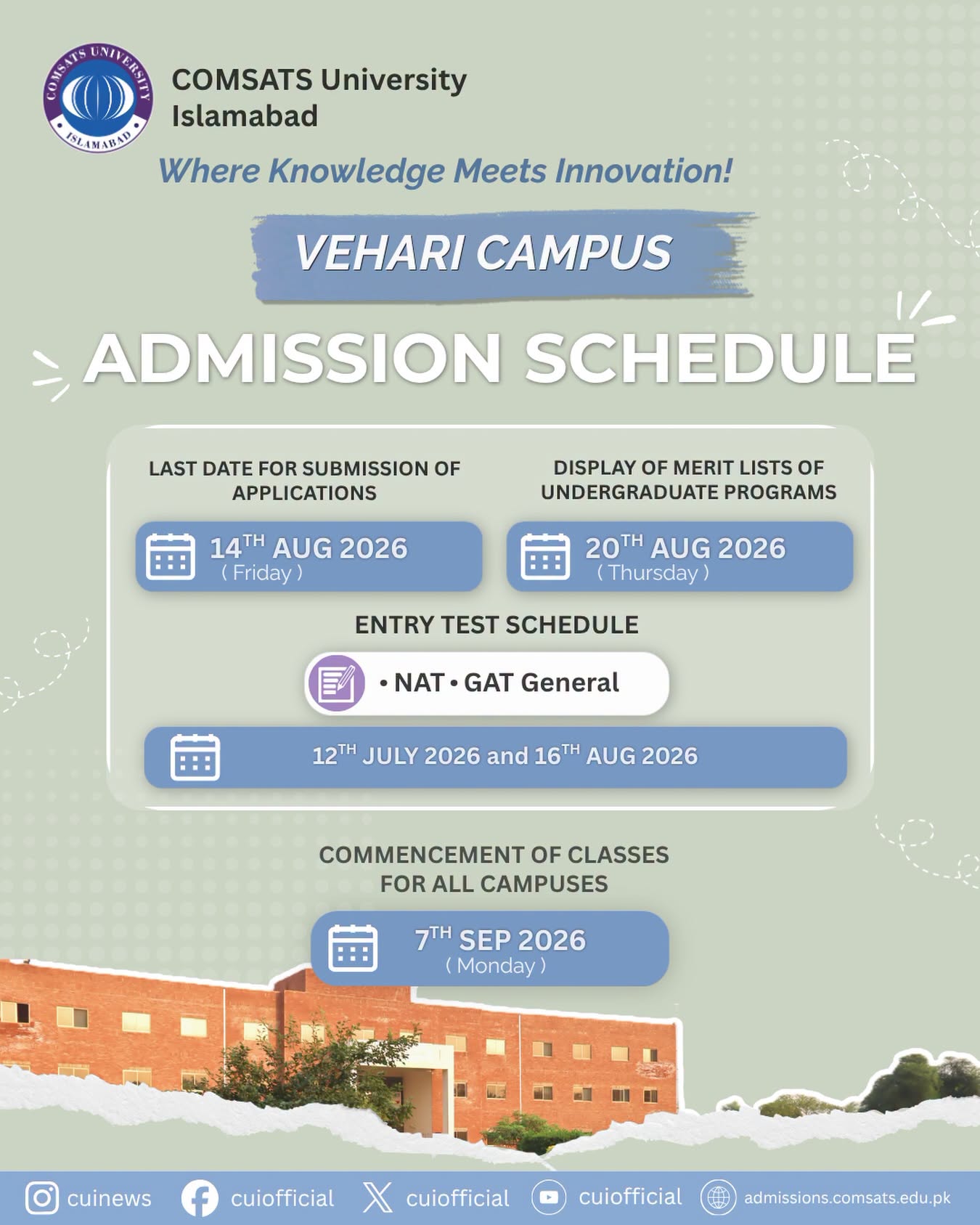 CUI Vehari Campus Admission Schedule 2026 Released