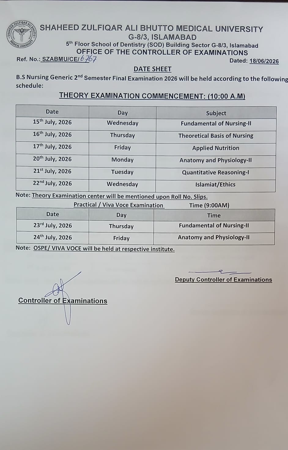 SZABMU Announces Date Sheet 2026 for Upcoming BS Nursing Generic Exams SZABMU Announces Date Sheet 2026 for Upcoming BS Nursing Generic Exams