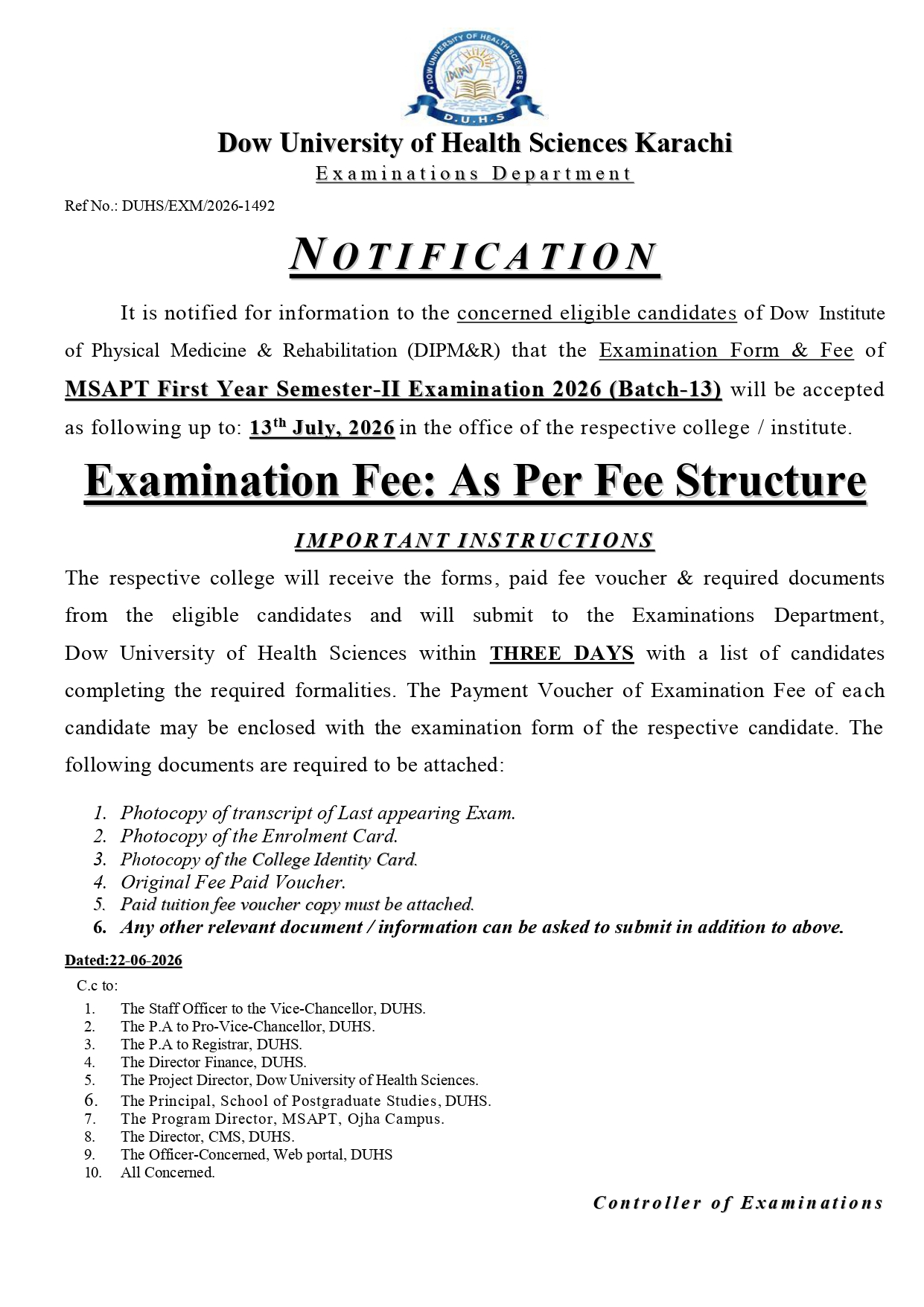 DUHS Exam Form & Fee Notice 2026 Issued for MSAPT Sem II Exams DUHS Exam Form & Fee Notice 2026 Issued for MSAPT Sem II Exams