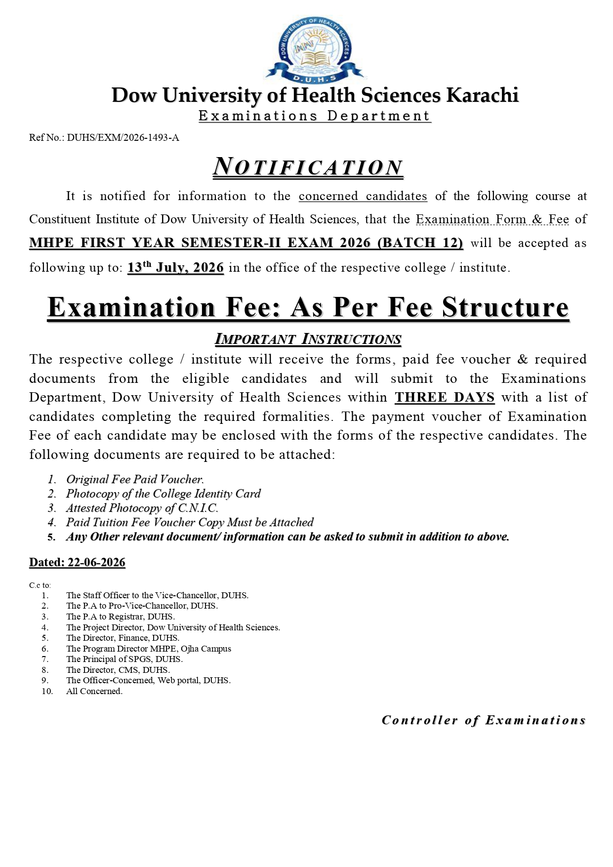 DUHS Exam Form & Fee Notice 2026 Released for MHPE Students DUHS Exam Form & Fee Notice 2026 Released for MHPE Students