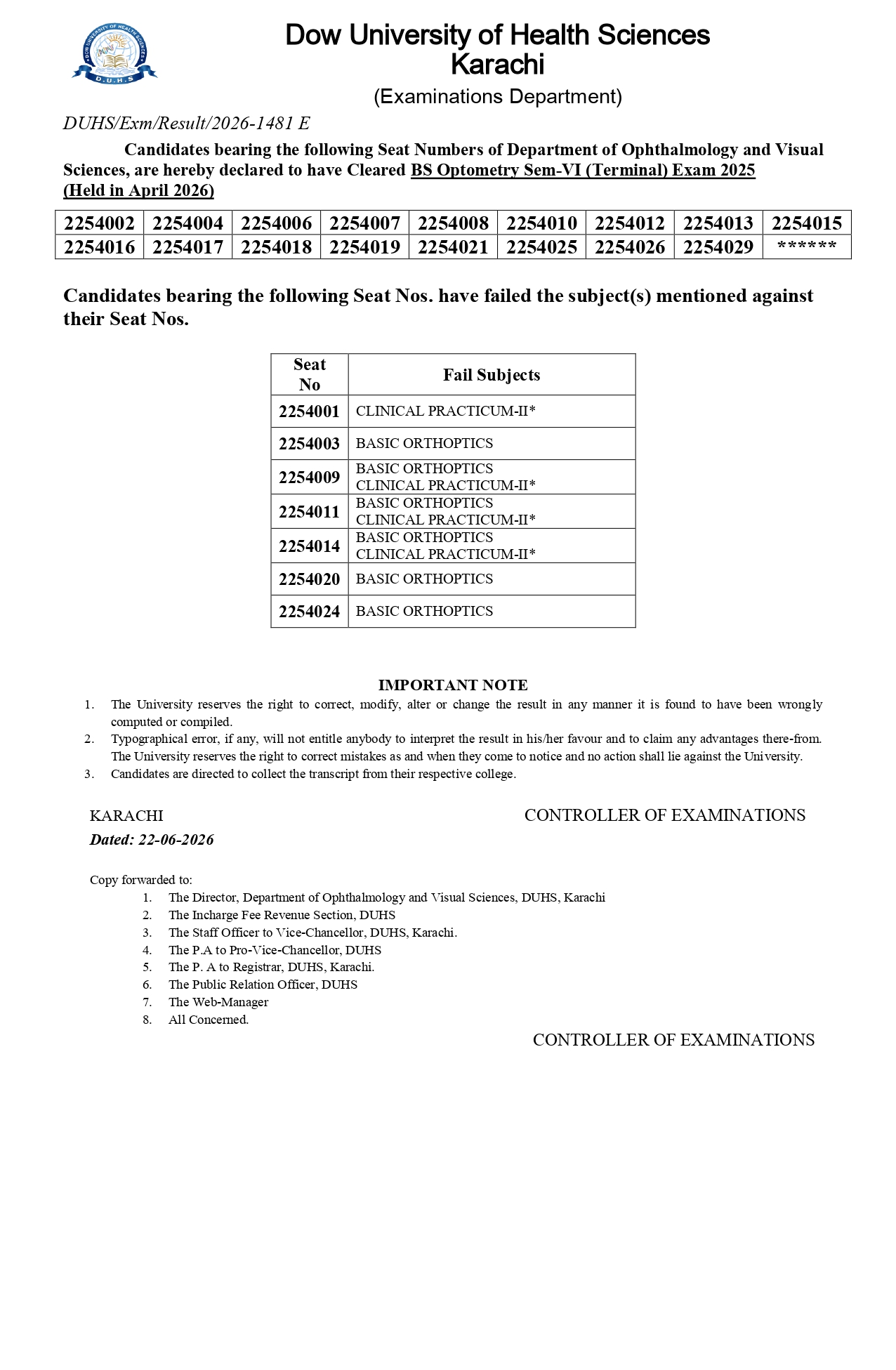 DUHS Result 2026 Announced for BS Optometry Semester VI Exams DUHS Result 2026 Announced for BS Optometry Semester VI Exams