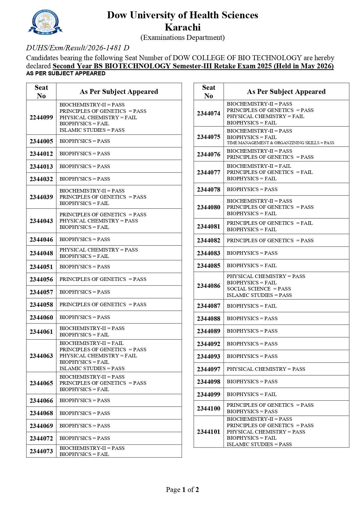 DUHS Result 2026 Announced for BS Biotechnology Semester III Retake Exam DUHS Result 2026 Announced for BS Biotechnology Semester III Retake Exam