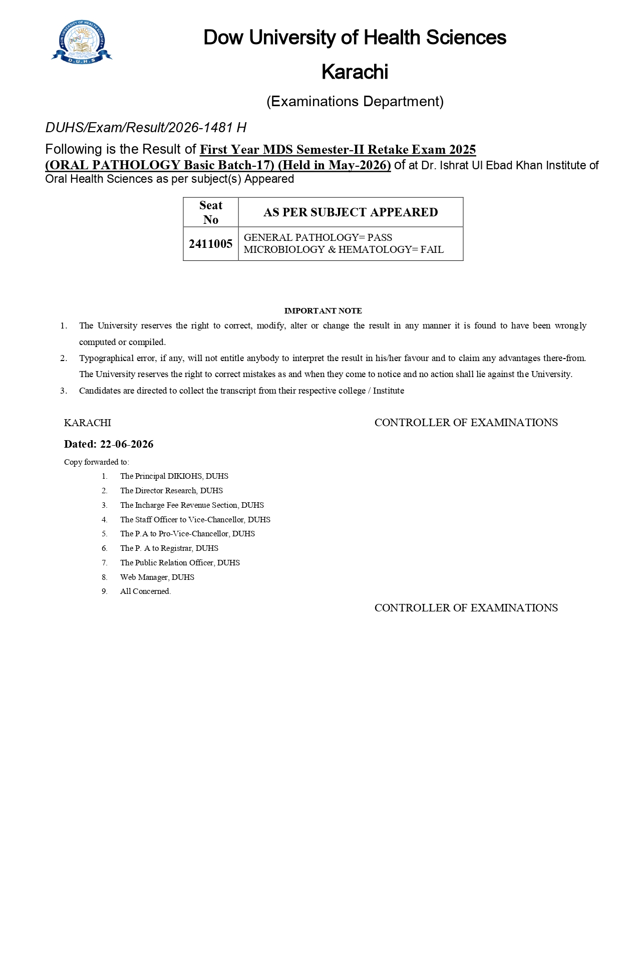 DUHS Result 2026 Announced for MDS Semester II Retake Exam DUHS Result 2026 Announced for MDS Semester II Retake Exam