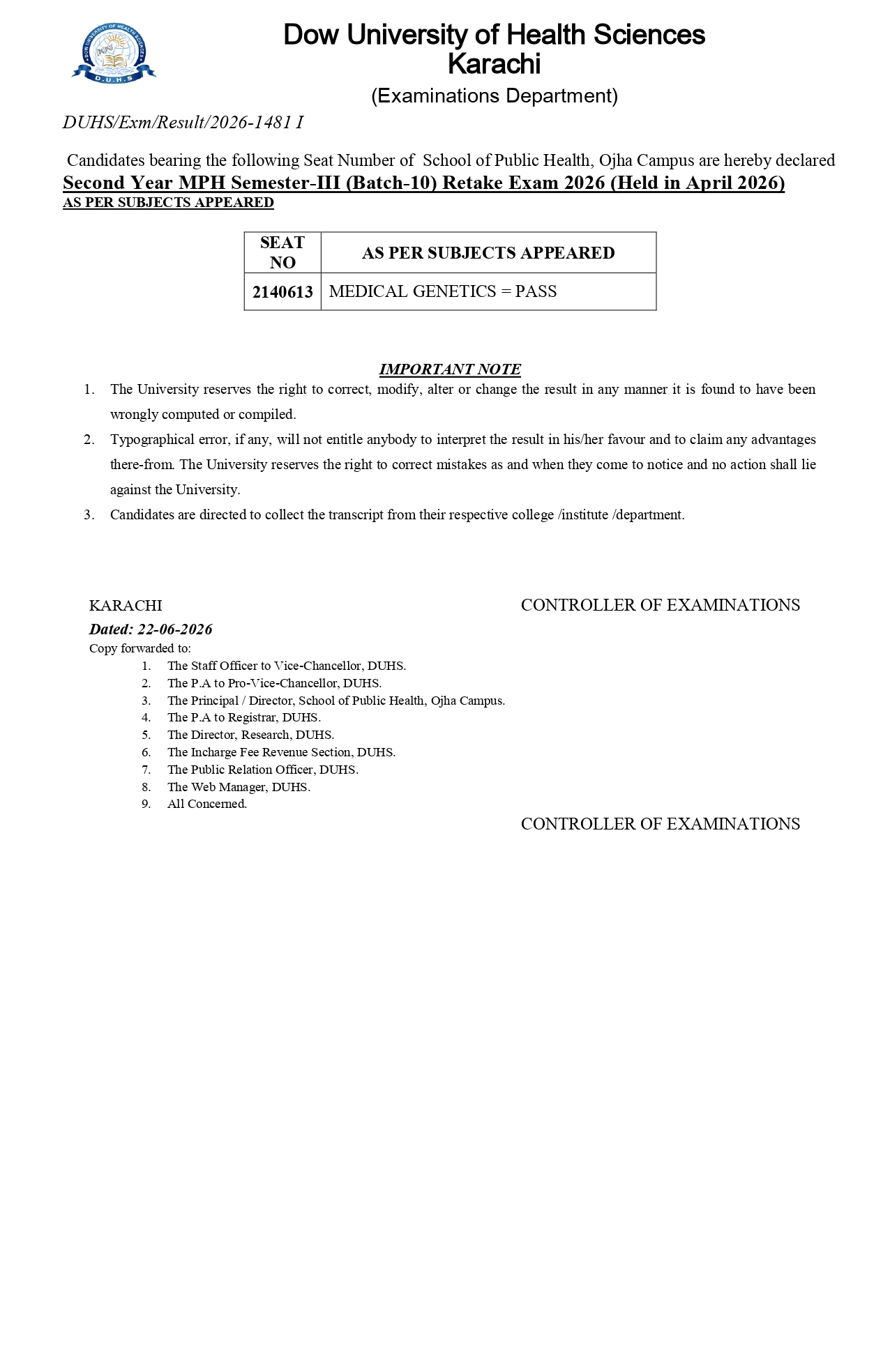 DUHS Releases 2nd Year MPH Sem III Retake Result 2026 DUHS Releases 2nd Year MPH Sem III Retake Result 2026