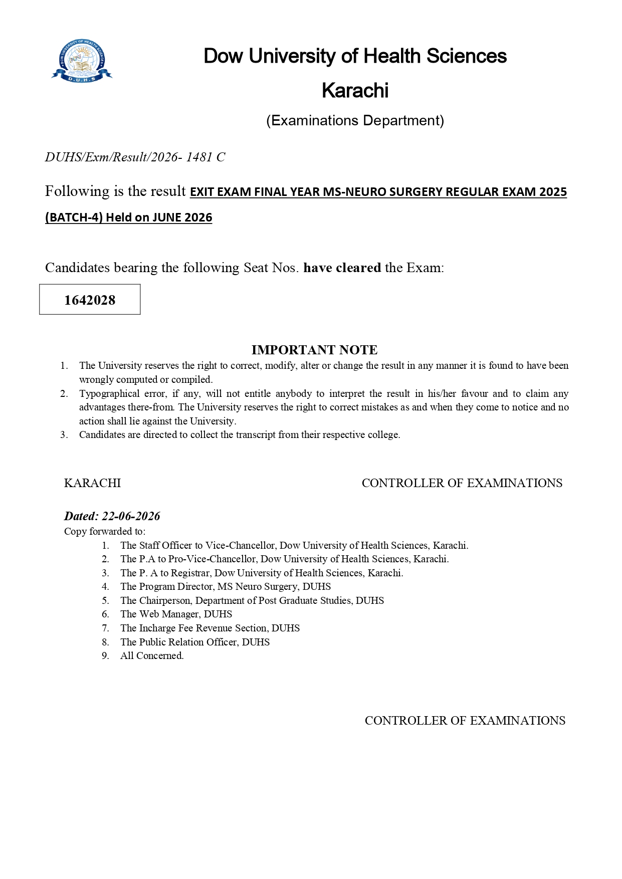 DUHS Result 2026 Announced for Final Year MS Neuro Surgery Exit Exam DUHS Result 2026 Announced for Final Year MS Neuro Surgery Exit Exam