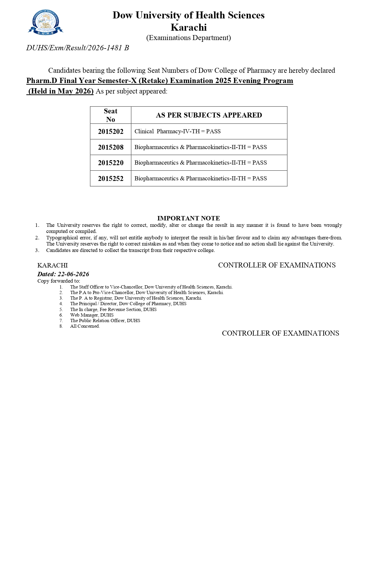 DUHS Result 2026 Announced for PharmD Program Students DUHS Result 2026 Announced for PharmD Program Students