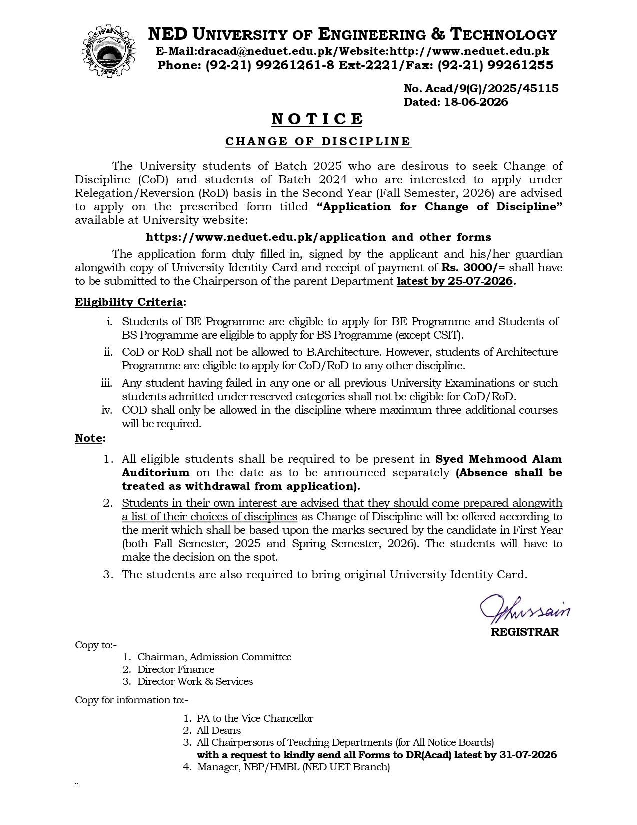 NEDUET Change of Discipline Notice 2026 Released NEDUET Change of Discipline Notice 2026 Released