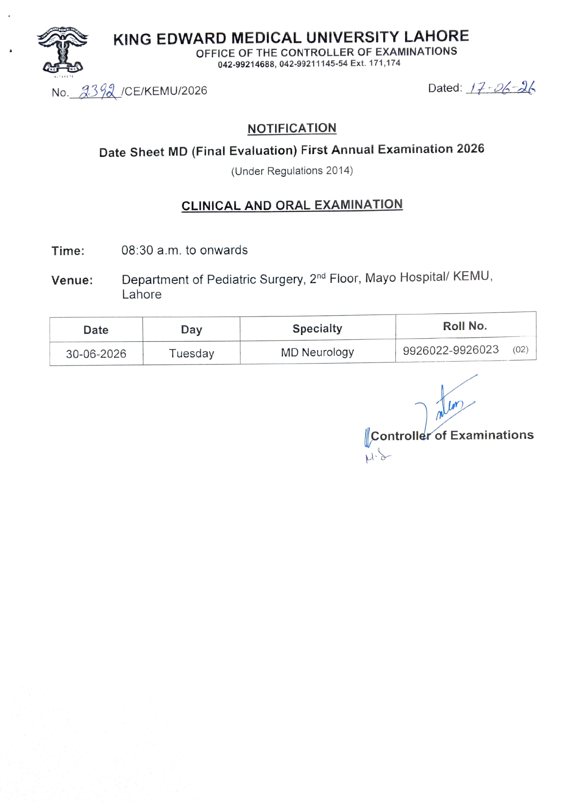 KEMU Publishes MD Final Evaluation Exams Date Sheet 2026 KEMU Publishes MD Final Evaluation Exams Date Sheet 2026