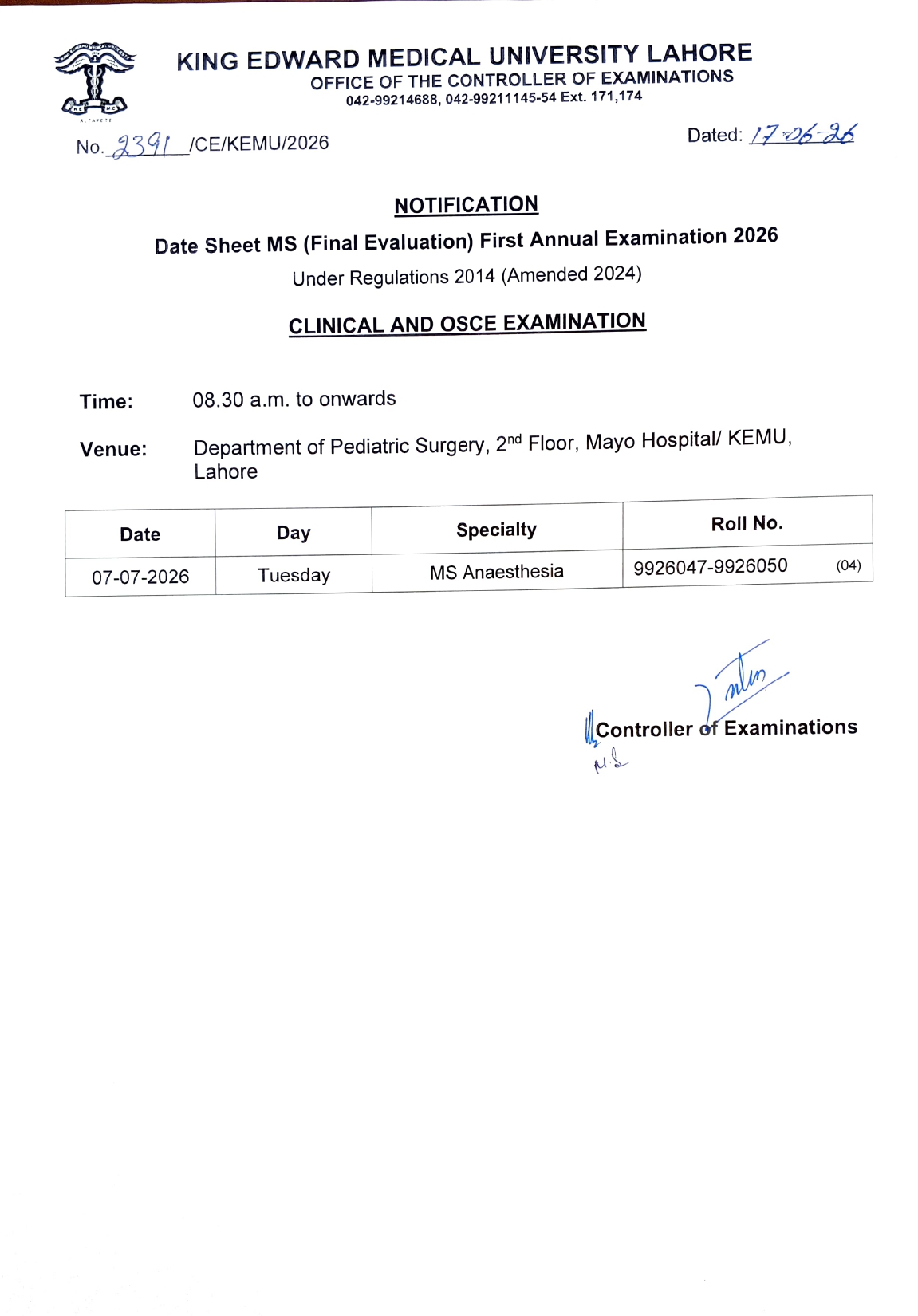 KEMU Date Sheet 2026 for MS Anaesthesia Final Evaluation Available KEMU Date Sheet 2026 for MS Anaesthesia Final Evaluation Available