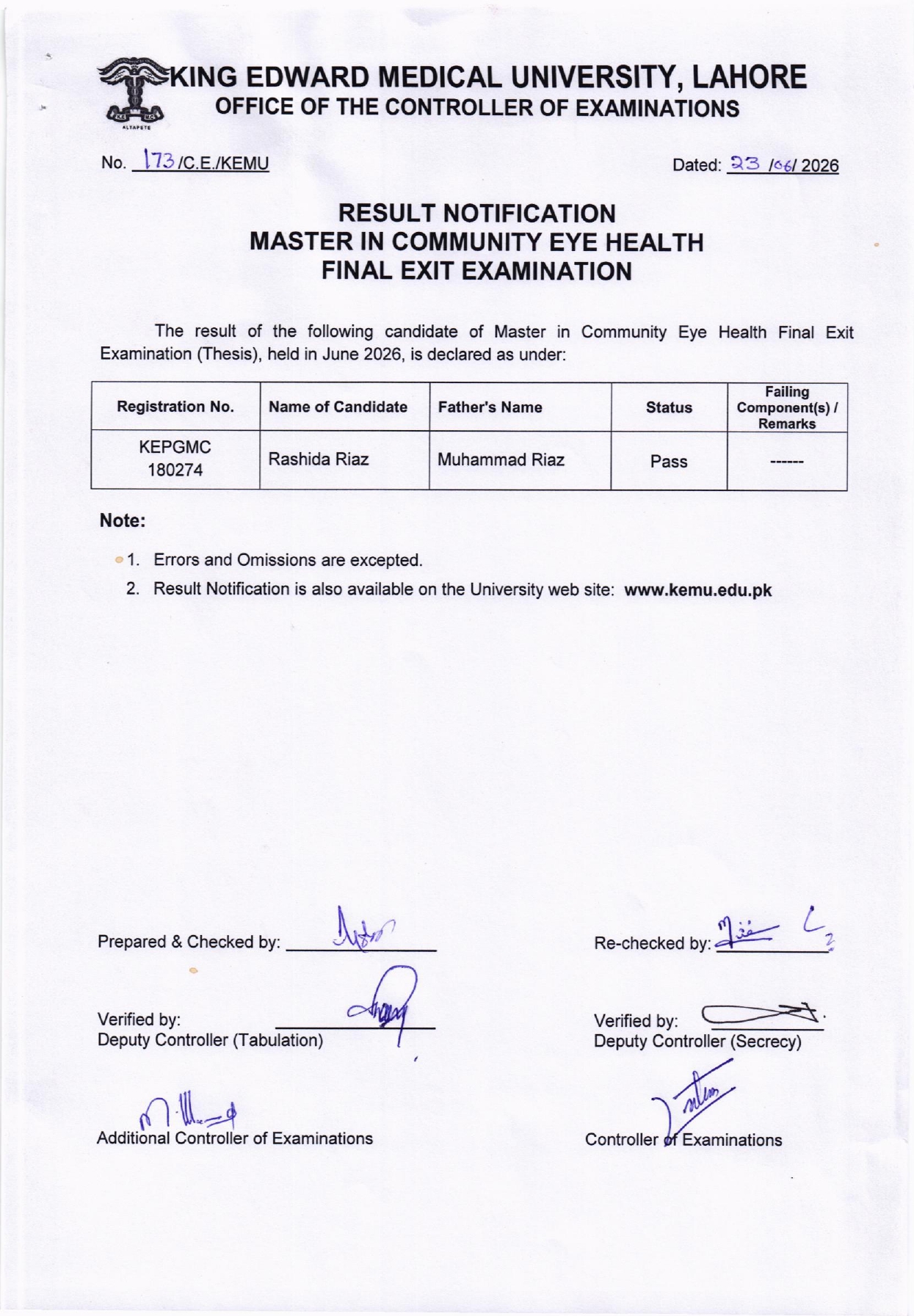 KEMU MCEH Final Exit Exams Result 2026 Declared