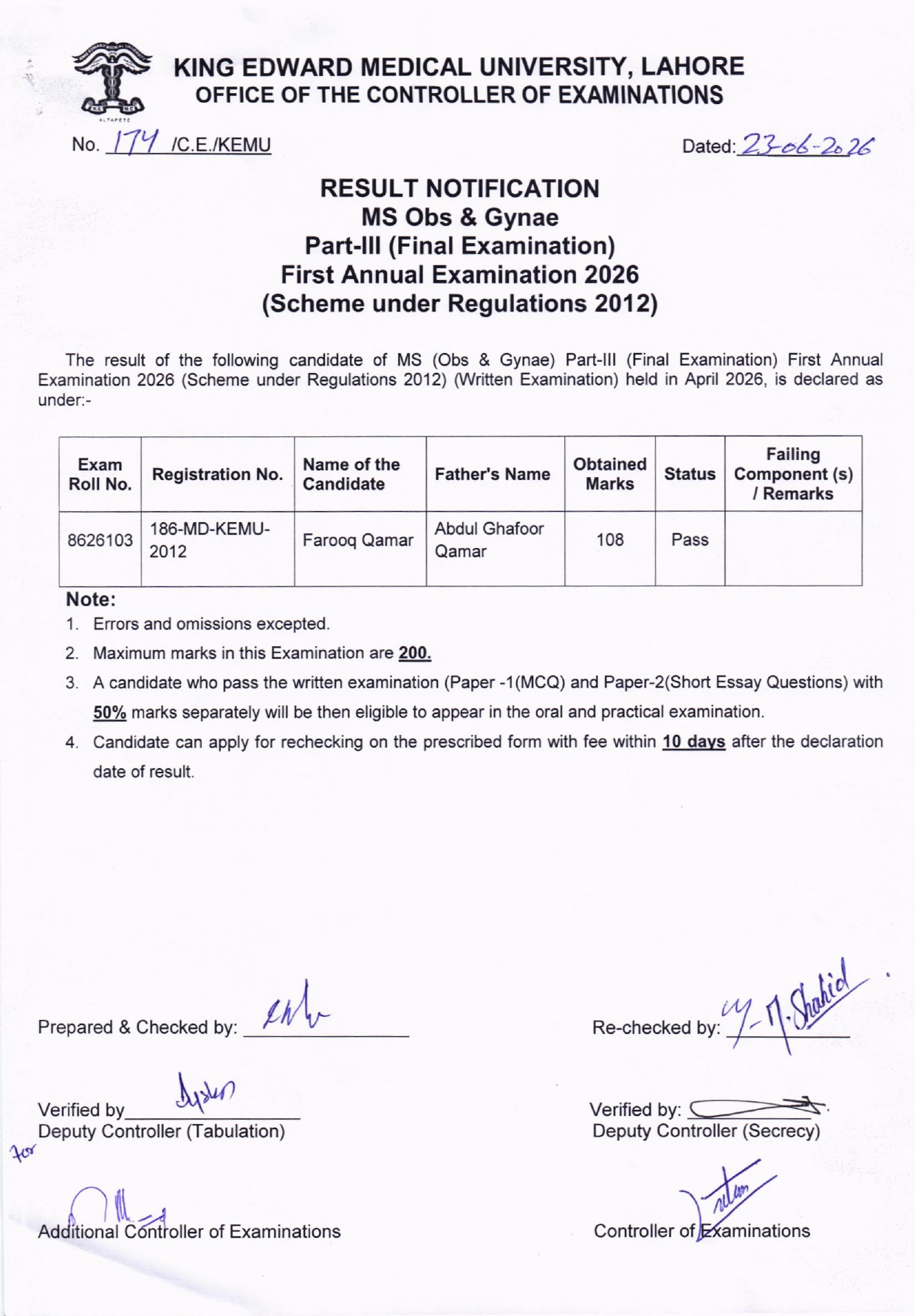 KEMU Result 2026 Announced for MS Obs & Gynae Part III Exam KEMU Result 2026 Announced for MS Obs & Gynae Part III Exam