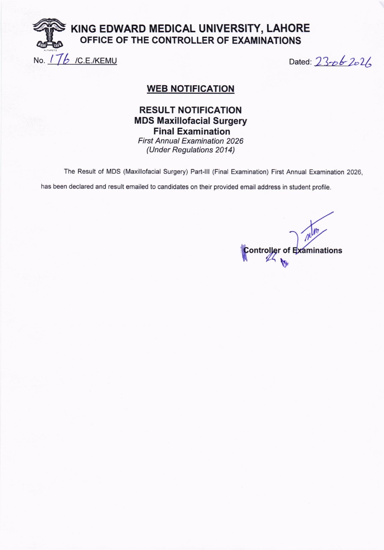 KEMU Result Notification 2026 Released for MDS Maxillofacial Surgery KEMU Result Notification 2026 Released for MDS Maxillofacial Surgery