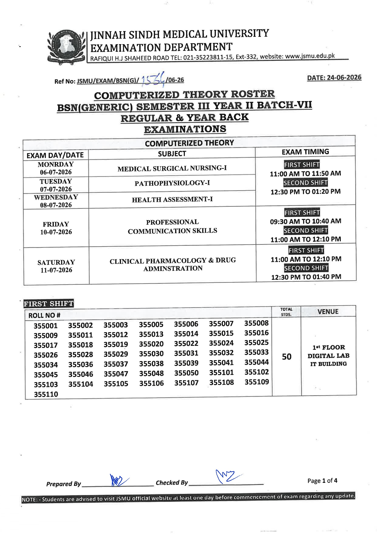 JSMU Date Sheet 2026 for BSN Generic Program Exams Published JSMU Date Sheet 2026 for BSN Generic Program Exams Published