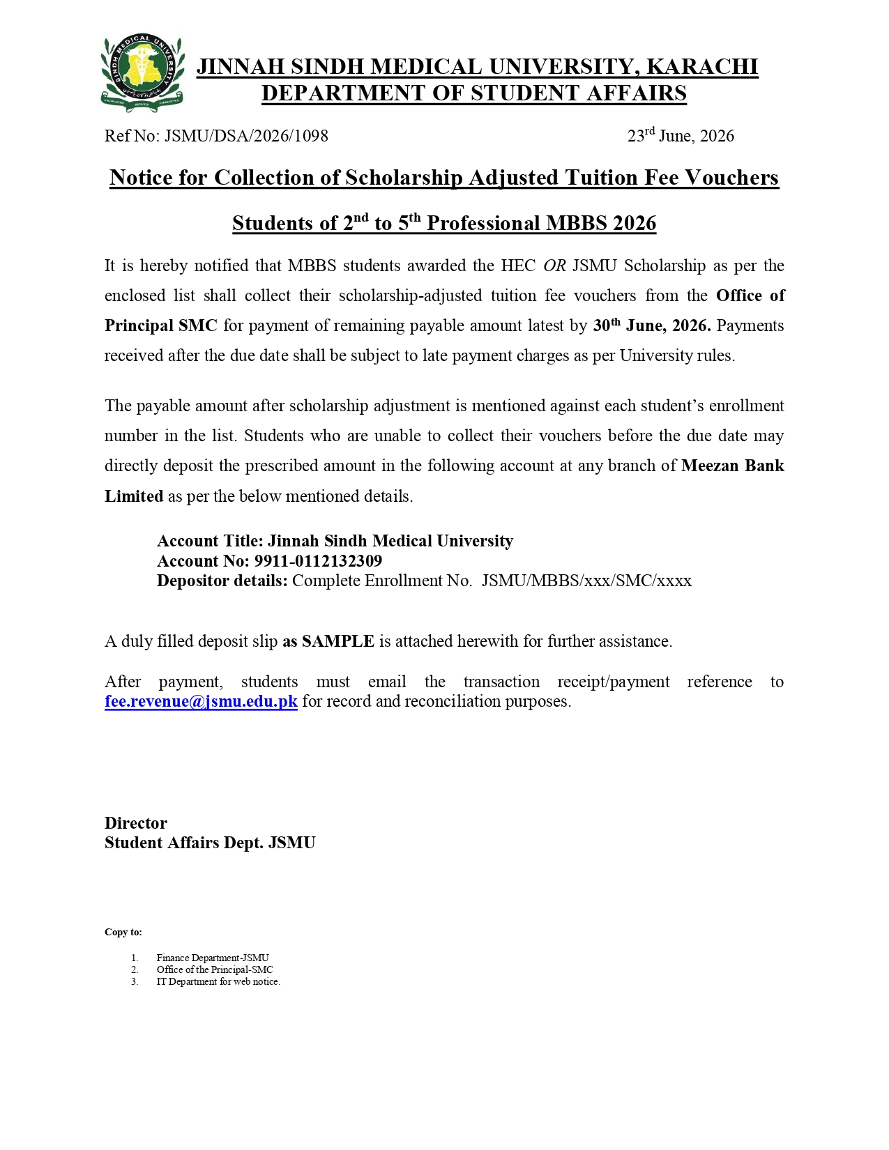 JSMU Issues Scholarship Adjusted Fee Voucher Notice for MBBS Students 2026 JSMU Issues Scholarship Adjusted Fee Voucher Notice for MBBS Students 2026
