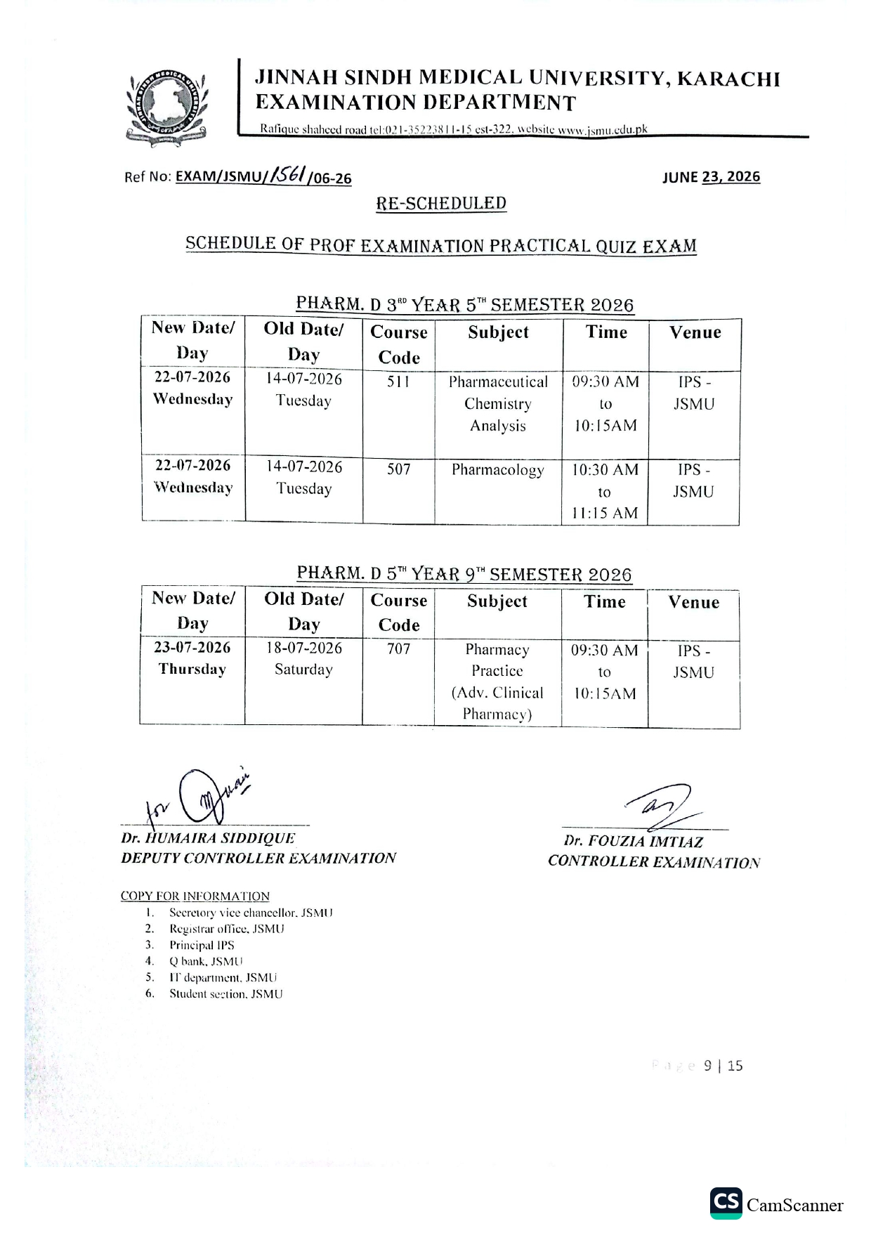 JSMU Reschedules PharmD 3rd, 5th & 9th Semester Date Sheet 2026 JSMU Reschedules PharmD 3rd, 5th & 9th Semester Date Sheet 2026