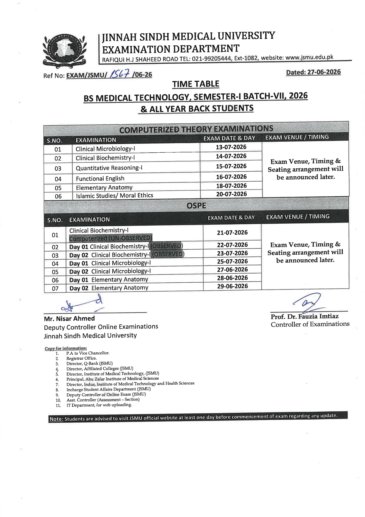 JSMU Date Sheet 2026 Announced for BSMT Semester I Batch VII Students JSMU Date Sheet 2026 Announced for BSMT Semester I Batch VII Students