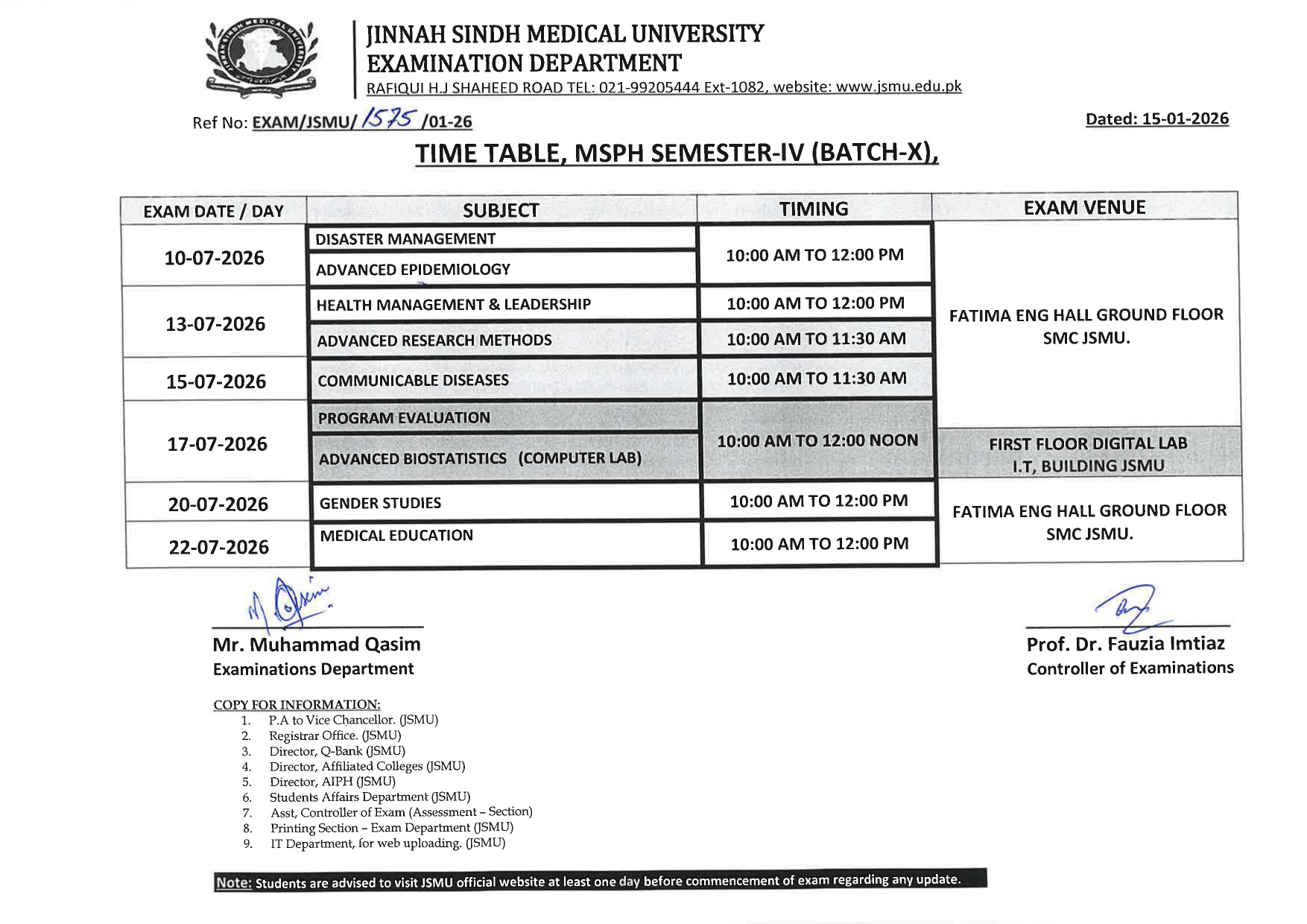 JSMU Date Sheet 2026 Released for MSPH Sem IV Batch X & Sem II Batch XI JSMU Date Sheet 2026 Released for MSPH Sem IV Batch X & Sem II Batch XI