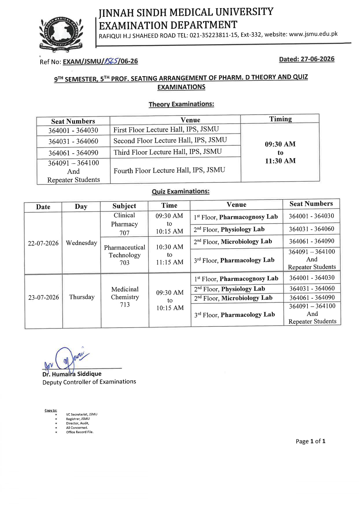 JSMU PharmD Theory and Quiz Examinations Date Sheet 2026 Announced JSMU PharmD Theory and Quiz Examinations Date Sheet 2026 Announced