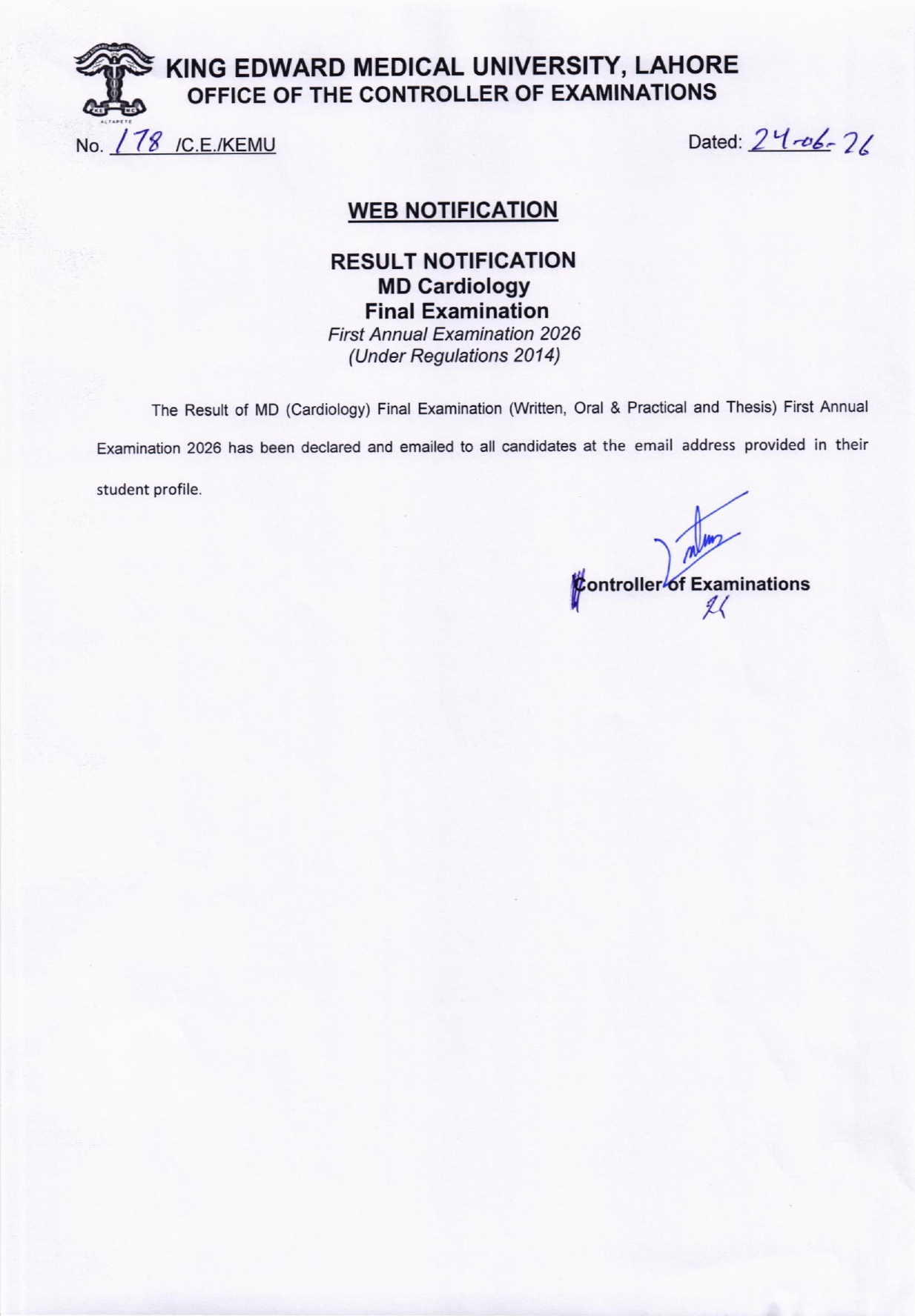 KEMU Result Notification 2026 Released for MD Cardiology Final Examination KEMU Result Notification 2026 Released for MD Cardiology Final Examination