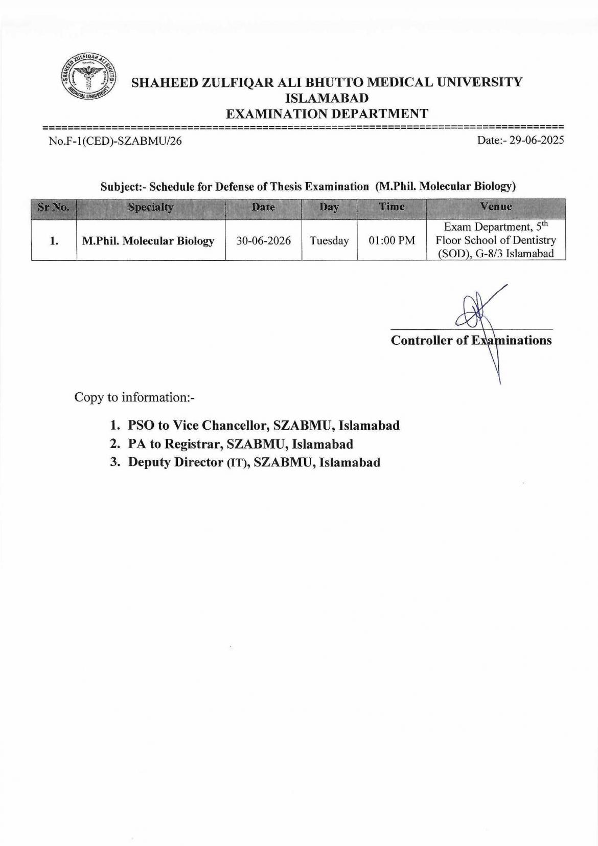 SZABMU Exam Schedule 2026 Released for MPhil Molecular Biology Thesis Defense SZABMU Exam Schedule 2026 Released for MPhil Molecular Biology Thesis Defense