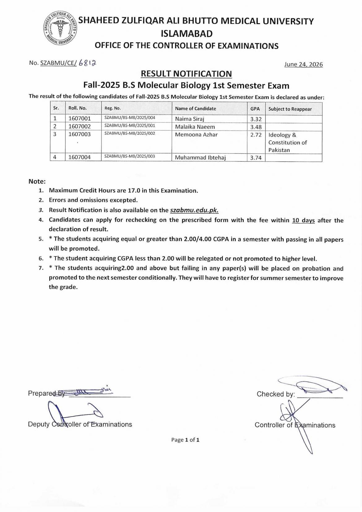 SZABMU Result 2026 Announced for BS Molecular Biology 1st Semester Examination SZABMU Result 2026 Announced for BS Molecular Biology 1st Semester Examination