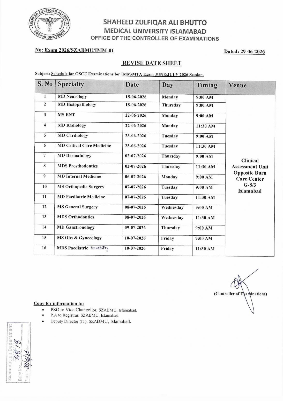SZABMU Revised Date Sheet 2026 Released for OSCE IMM MTA Examinations SZABMU Revised Date Sheet 2026 Released for OSCE IMM MTA Examinations
