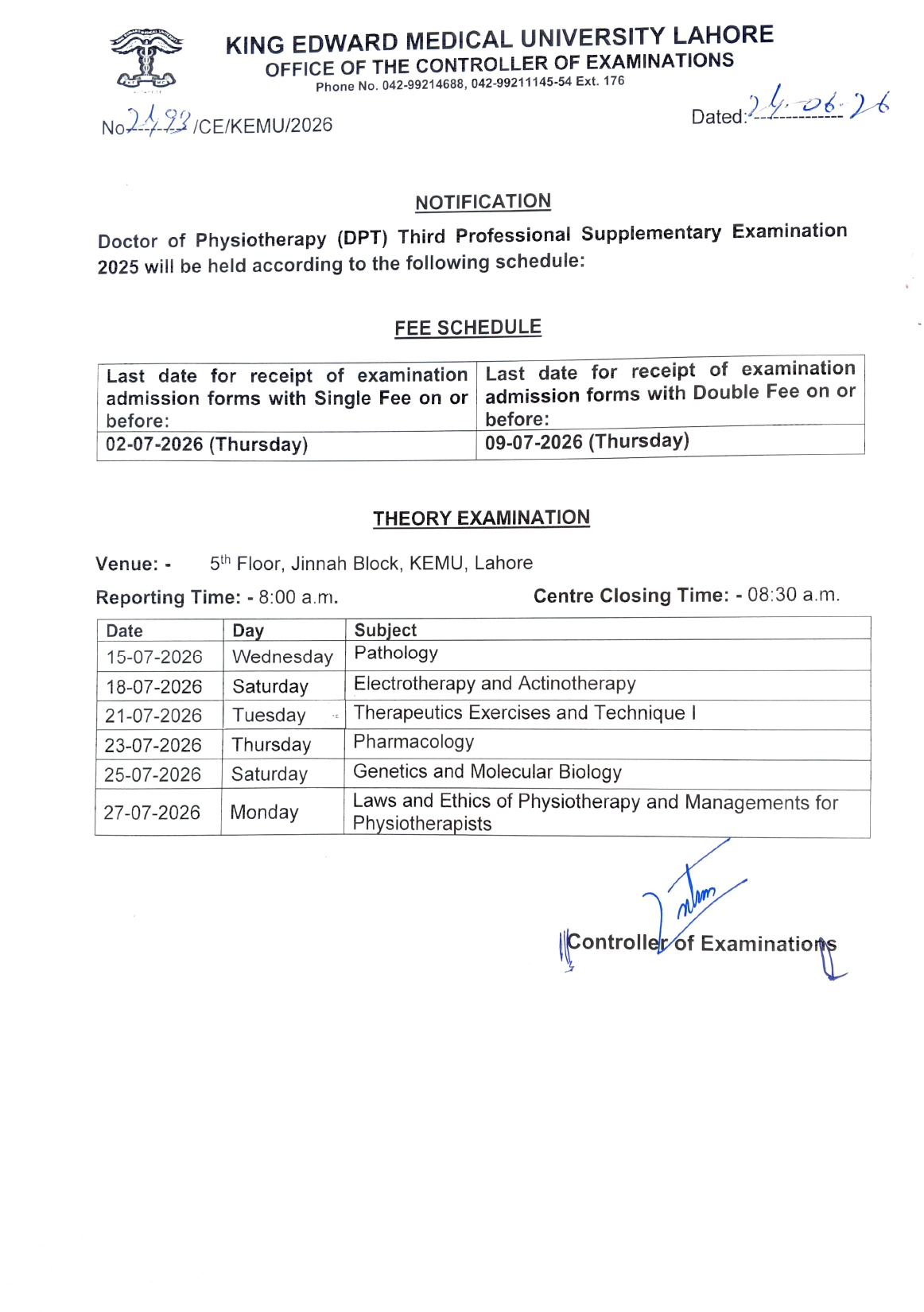 KEMU Date Sheet 2026 Released for DPT 3rd Professional Supplementary Exams KEMU Date Sheet 2026 Released for DPT 3rd Professional Supplementary Exams