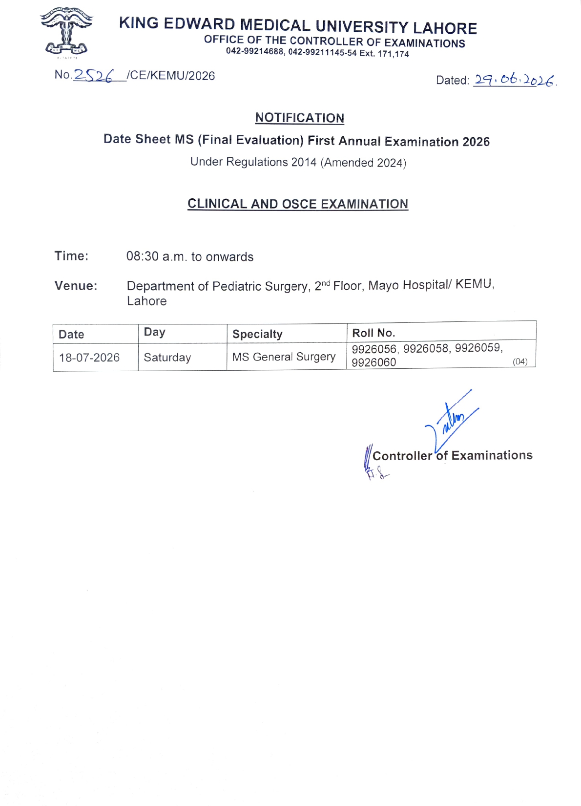 KEMU Date Sheet 2026 Announced for MS Final Evaluation First Annual Exams KEMU Date Sheet 2026 Announced for MS Final Evaluation First Annual Exams