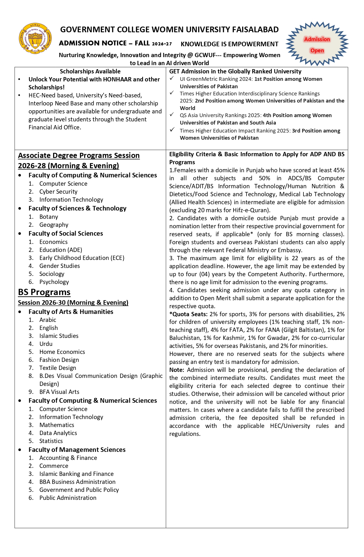 GCWUF Admission Notice 2026 Announced for Fall 2026–2027 Admissions GCWUF Admission Notice 2026 Announced for Fall 2026–2027 Admissions
