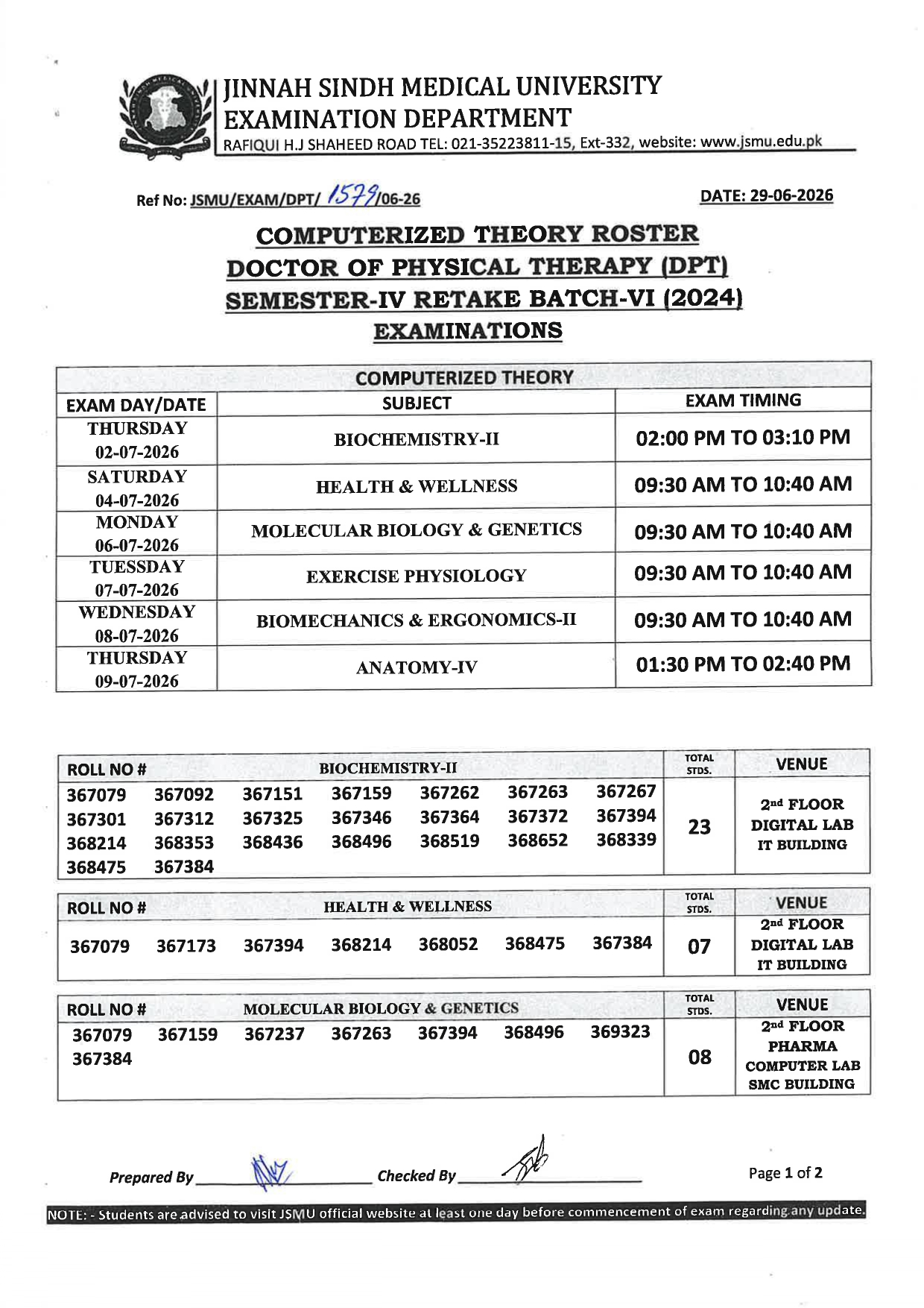 JSMU Date Sheet 2026 Announced for DPT Semester IV Retake Batch VI Exams JSMU Date Sheet 2026 Announced for DPT Semester IV Retake Batch VI Exams