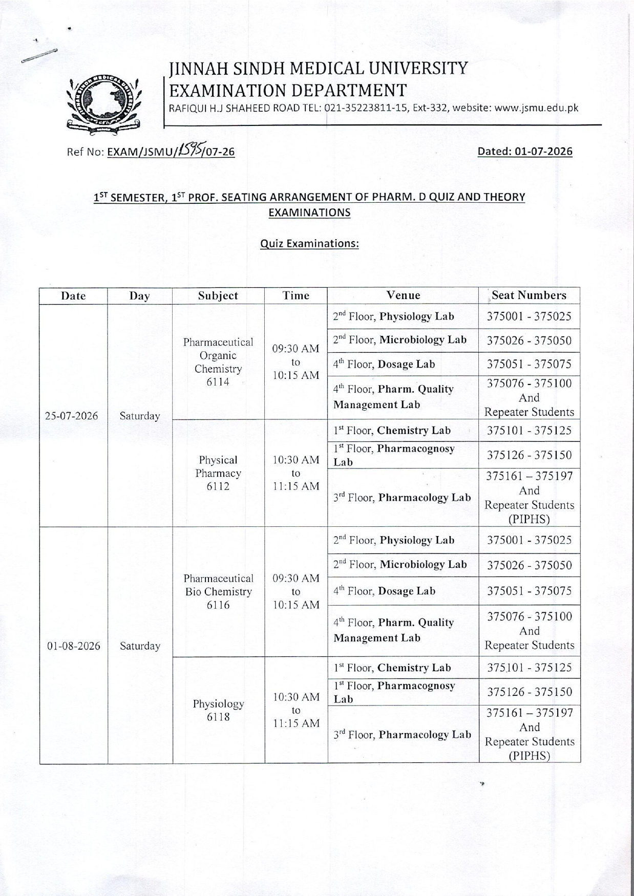 JSMU Date Sheet 2026 Released for PharmD Programs Examinations JSMU Date Sheet 2026 Released for PharmD Programs Examinations
