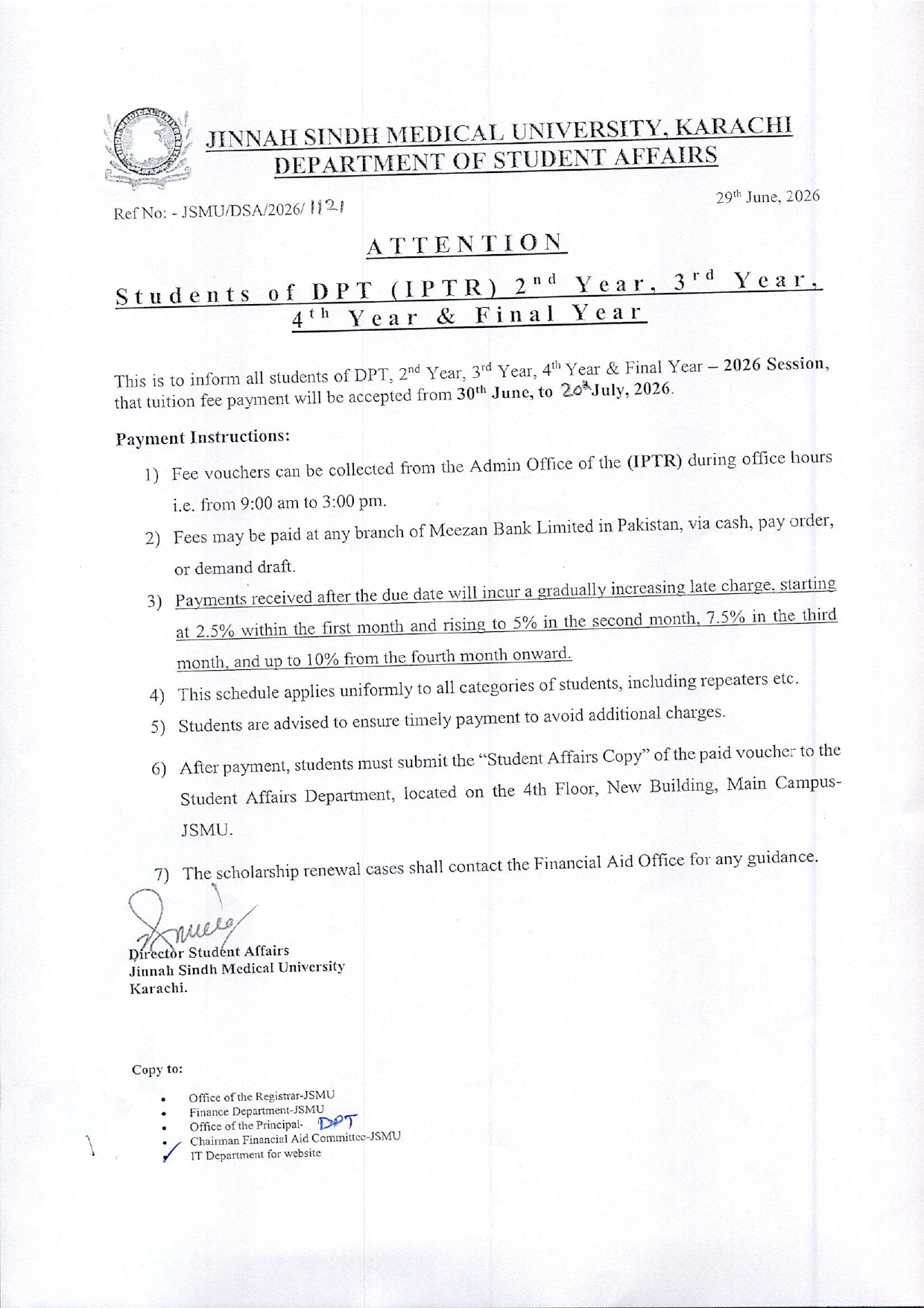 JSMU Fee Notice 2026 Released for DPT 2nd, 3rd, 4th and Final Year Students JSMU Fee Notice 2026 Released for DPT 2nd, 3rd, 4th and Final Year Students