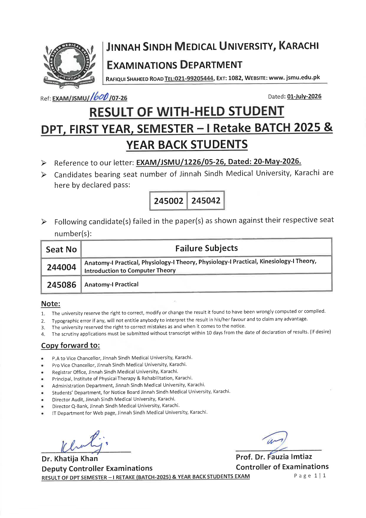 JSMU Result 2026 Announced for DPT 1st Year Semester I Retake Batch 2025 Student JSMU Result 2026 Announced for DPT 1st Year Semester I Retake Batch 2025 Student