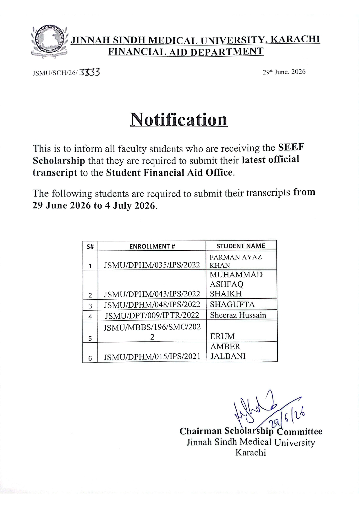 JSMU Announces Transcript Submission Deadline for SEEF Scholarship Recipients JSMU Announces Transcript Submission Deadline for SEEF Scholarship Recipients