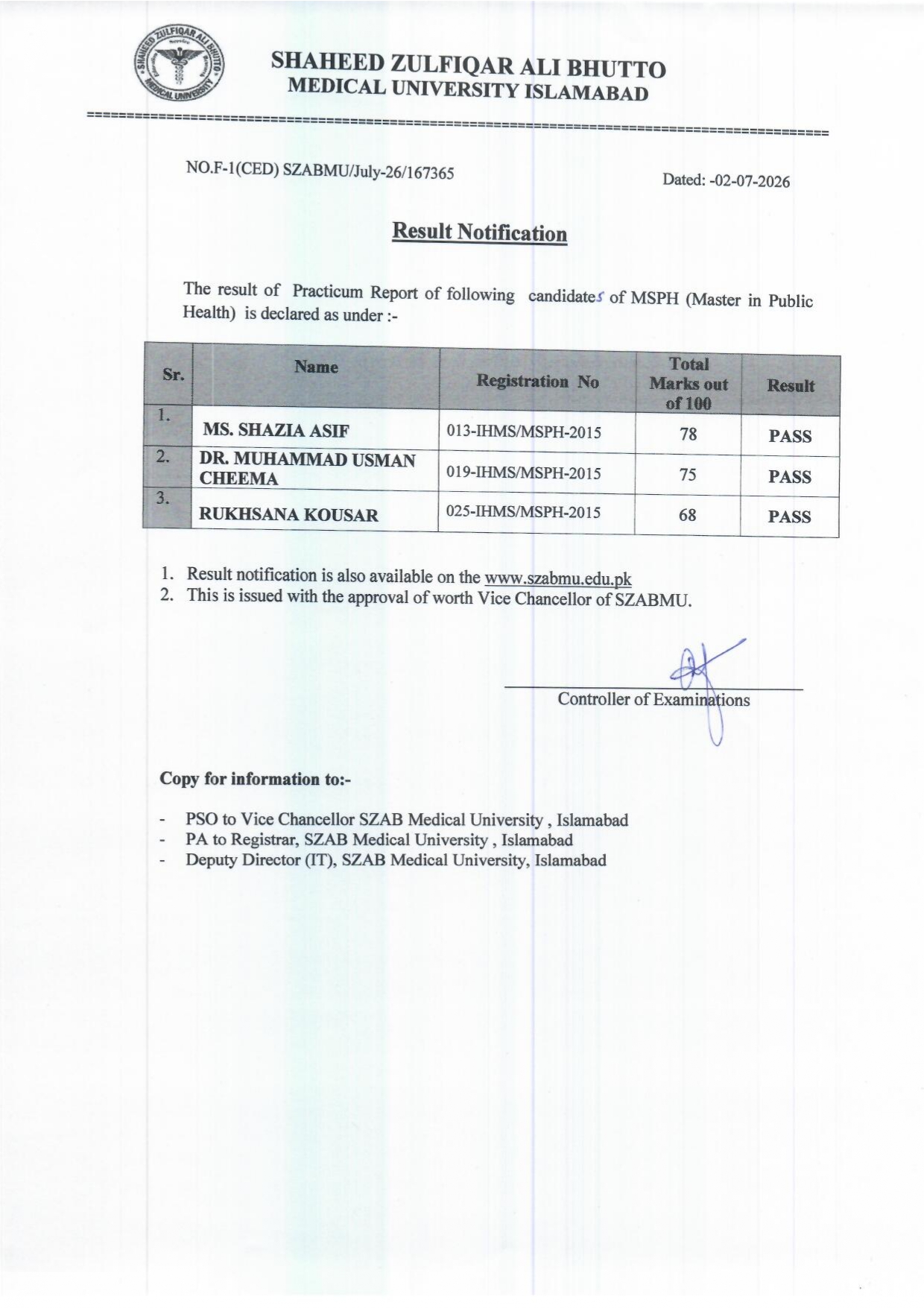 SZABMU Result 2026 Announced for MSPH Practicum Report SZABMU Result 2026 Announced for MSPH Practicum Report